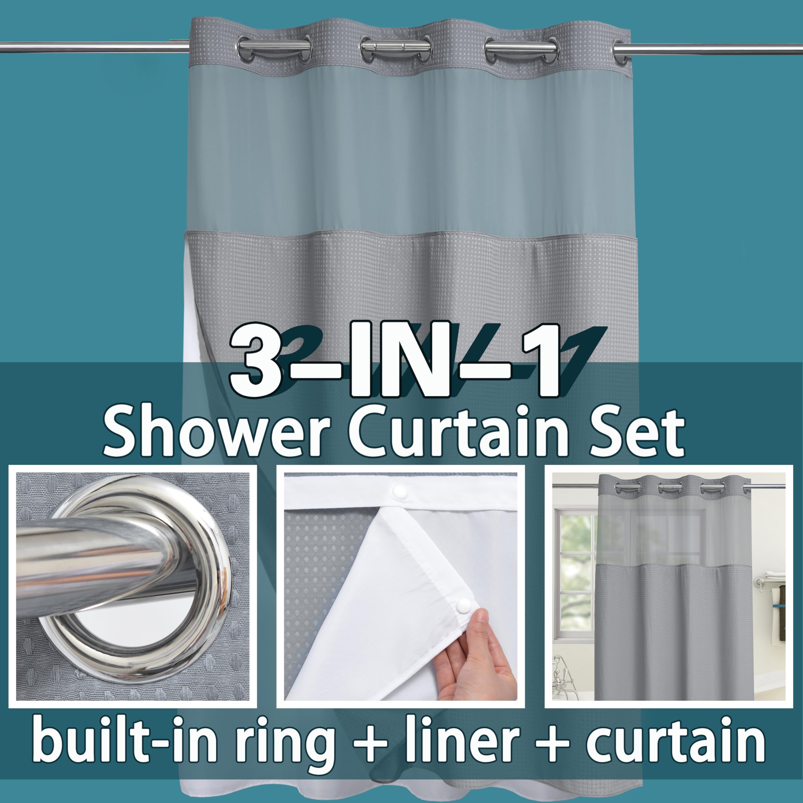 Conbo Mio Hotel Grade Fabric Shower Curtain Set With Snap In Liner For Bathroom With See Through Top Window, Waffle Weave Shower