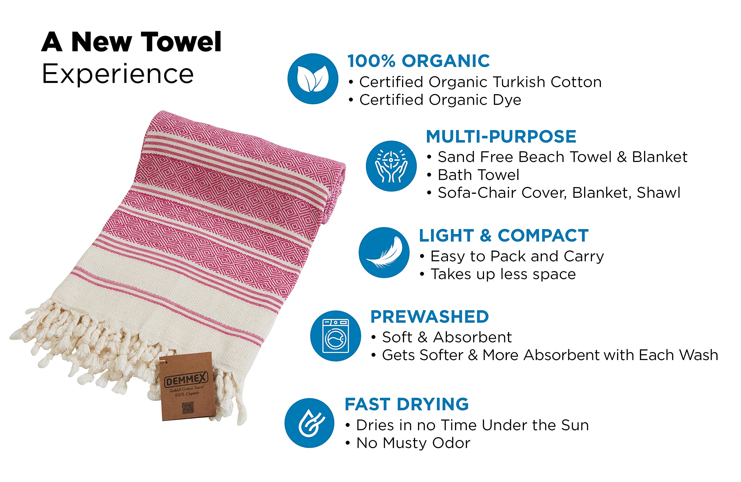 Demmex Certified Organic Turkish Cotton Beach And Bath Towel, Peshtemal Towel Blanket, Prewashed, Diamond Weave, 71X36 Inches (F
