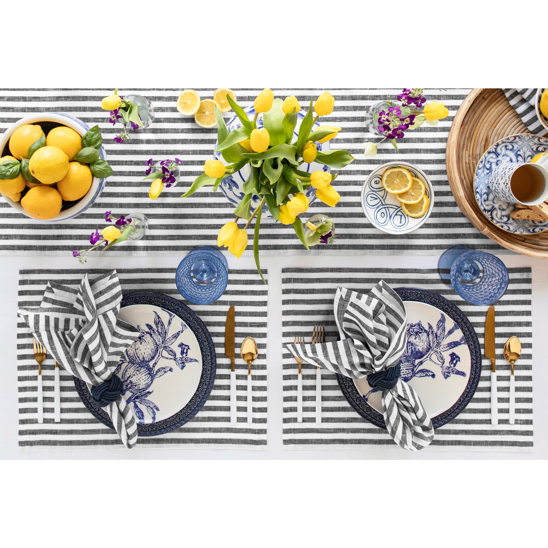Solino Home Linen Placemats Set of 4 - Amalfi Stripe Black and White Placemats 14 x 19 Inch - 100% Pure Linen Place Mats for Fal