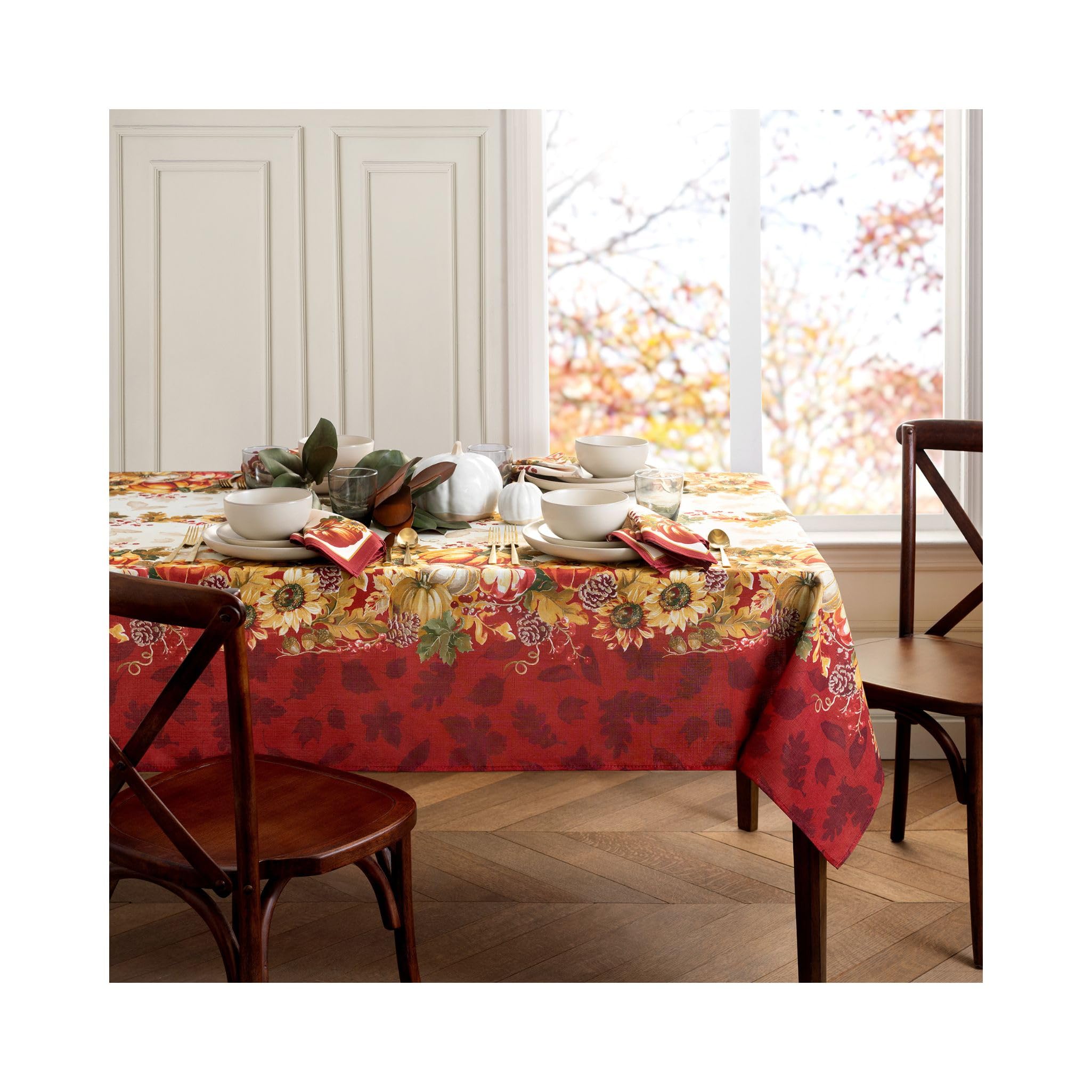 Elrene Home Fashions Swaying Leaves Bordered Fall, Seasonal And Holiday Tablecloth, 52''X70'' Oblong/Rectangle, Multi