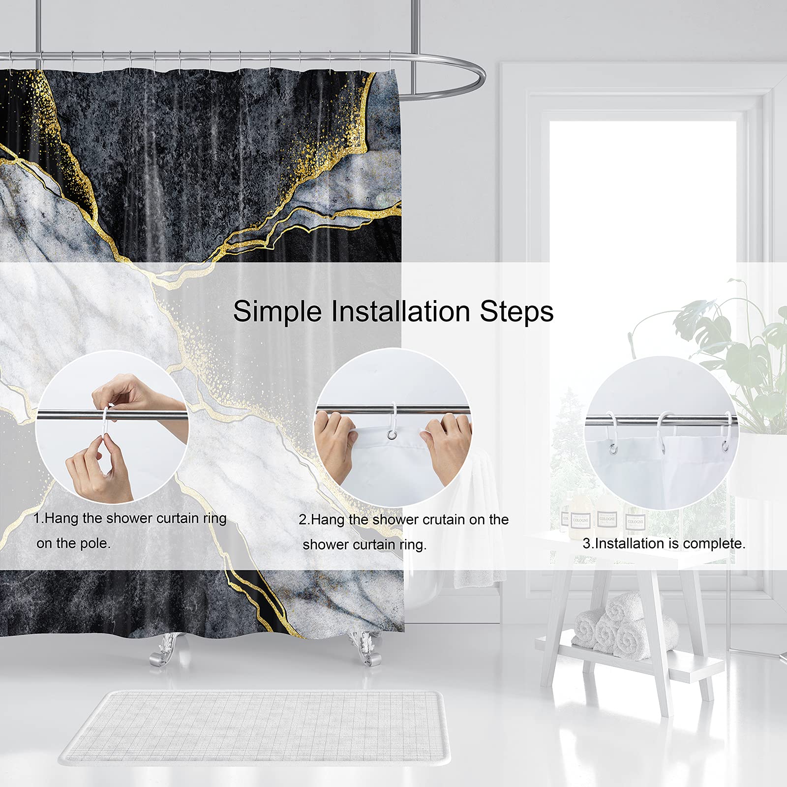 Domoku Black Gold Marble Shower Curtain Black Golden Cracked Lines Abstract Modern Shower Curtain for Bathroom Decor Waterproof Texture Washable Fabric Shower Curtain 72 X 72