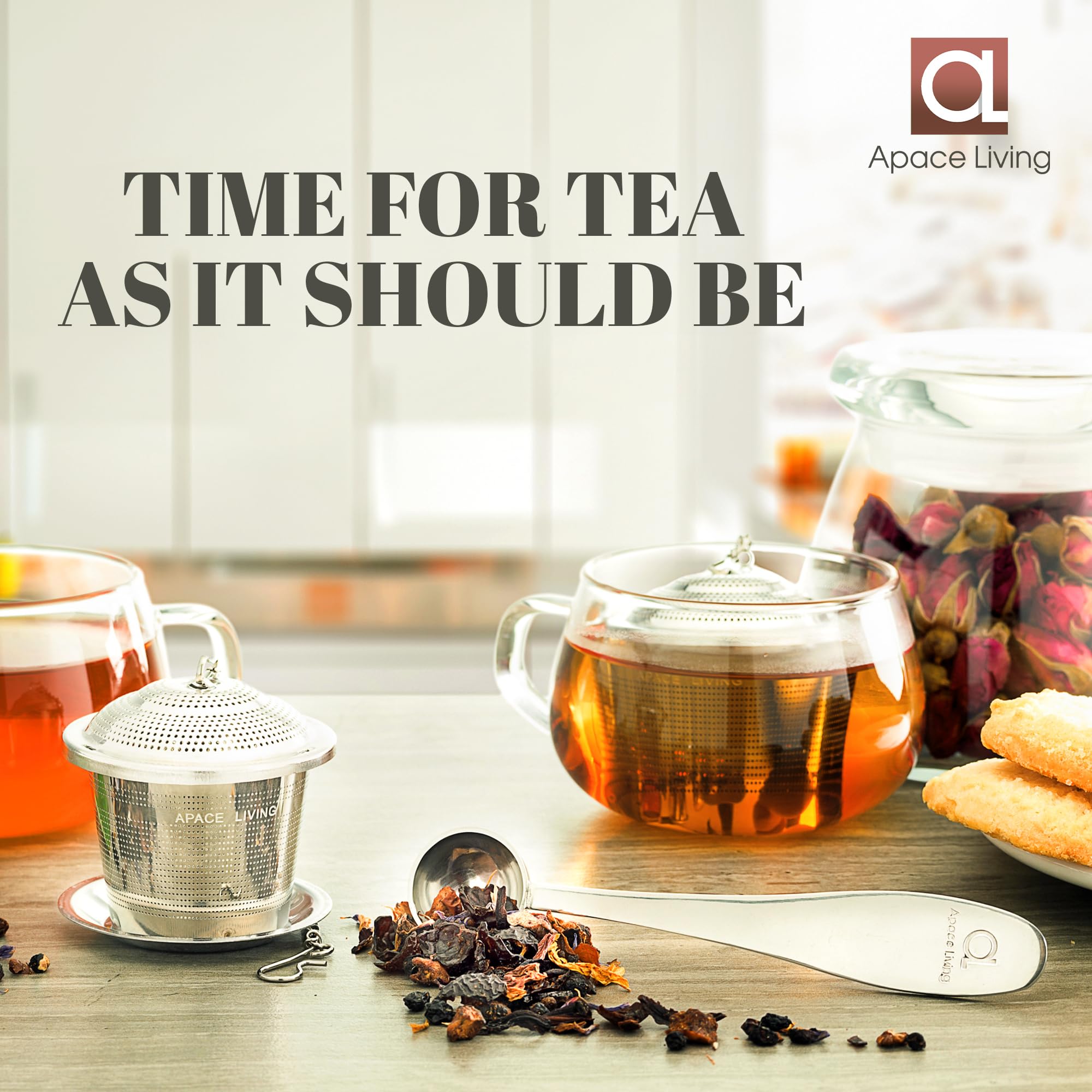 Large Tea Infuser (Set Of 2) With Tea Scoop And Drip Trays By Apace - Multi Cup Size Stainless Steel Loose Leaf Tea Strainer And