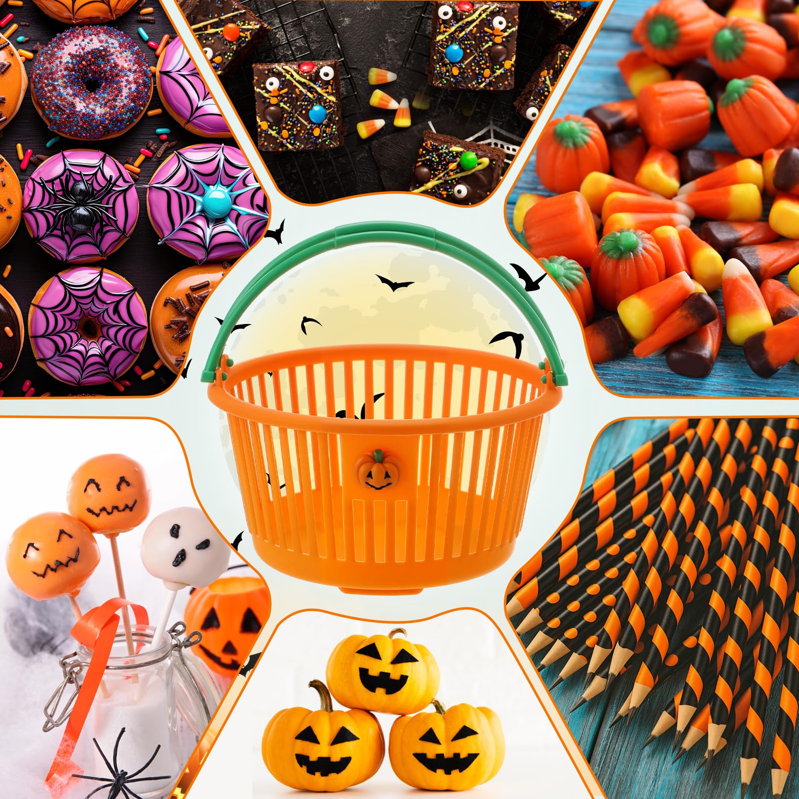 Potchen 24 Pcs Halloween Pumpkin Baskets Bulk Trick or Treat Candy Buckets Plastic Devil Smile Candy Basket with Handle Pumpkin