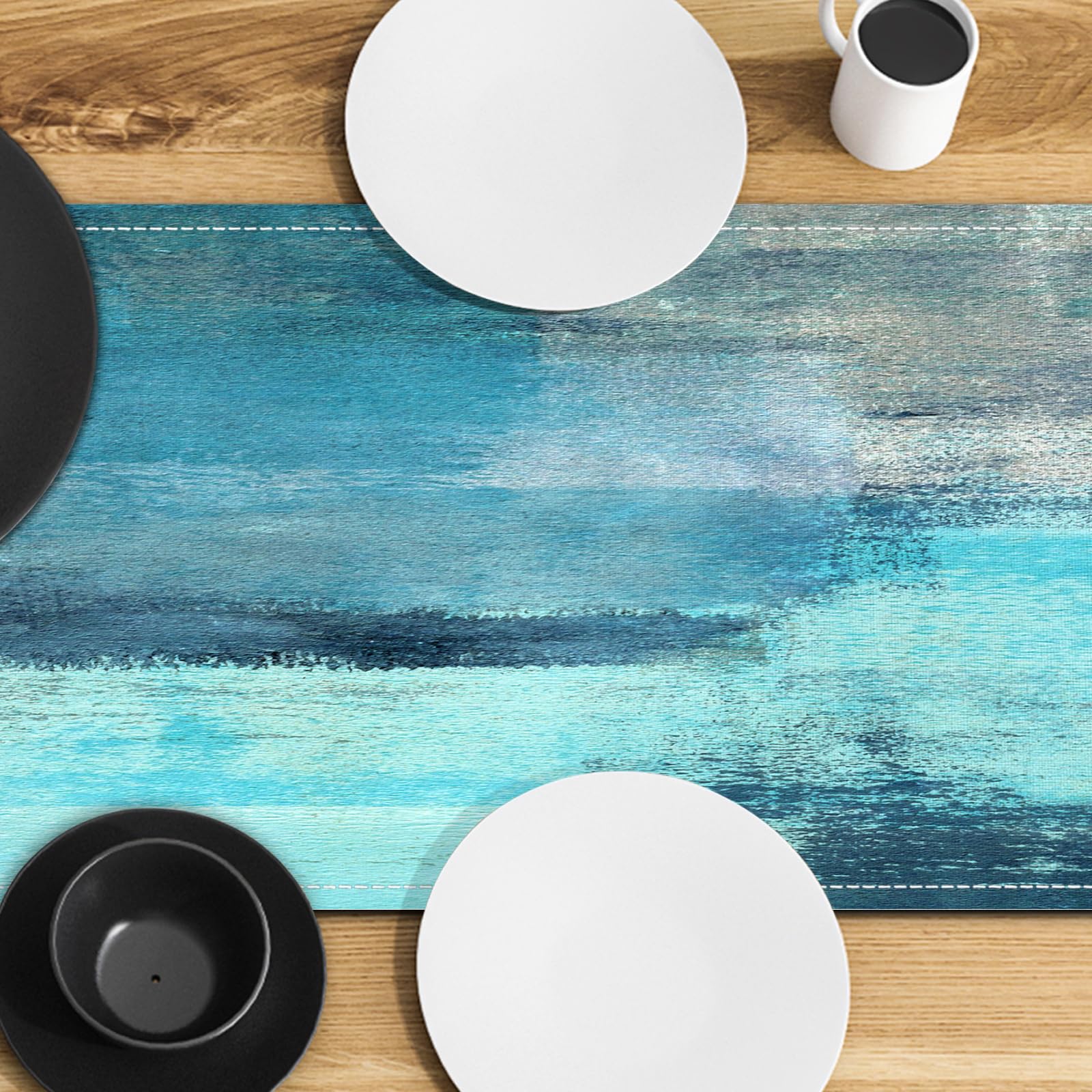 Teal Grey Table Runners Modern Art Farmhouse Linen Turquoise Table Runners Dresser Scarves Retro Rustic Style for Party Kitchen