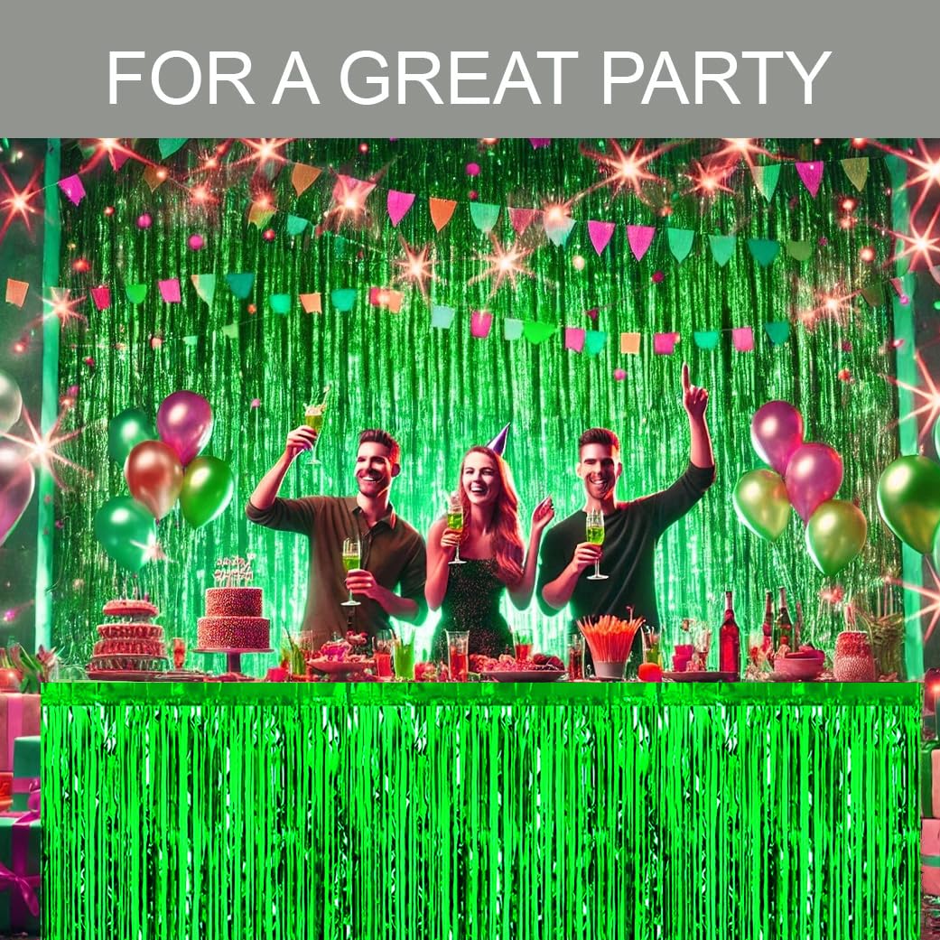 Allgala Green Tinsel Table Skirt 2-Pack 29X108 Inch Metallic Foil Fringe Table Skirts For Party Event, Parade Float, Party Decor