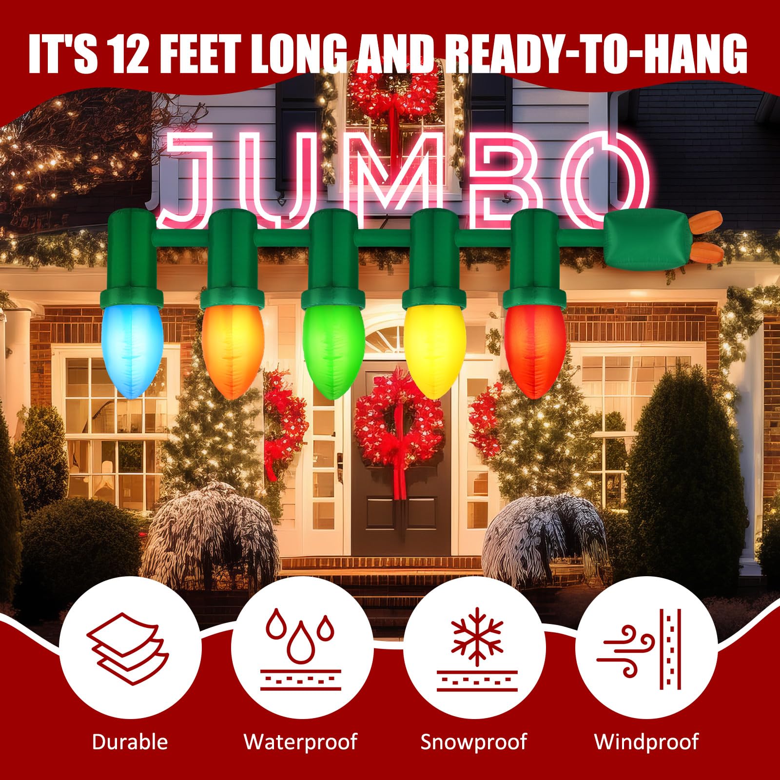 Honoson 12 ft Inflatable Christmas Light Bulb Ornaments Balls Decoration Inflatable Christmas Hanging Decoration PVC Outdoor Lig