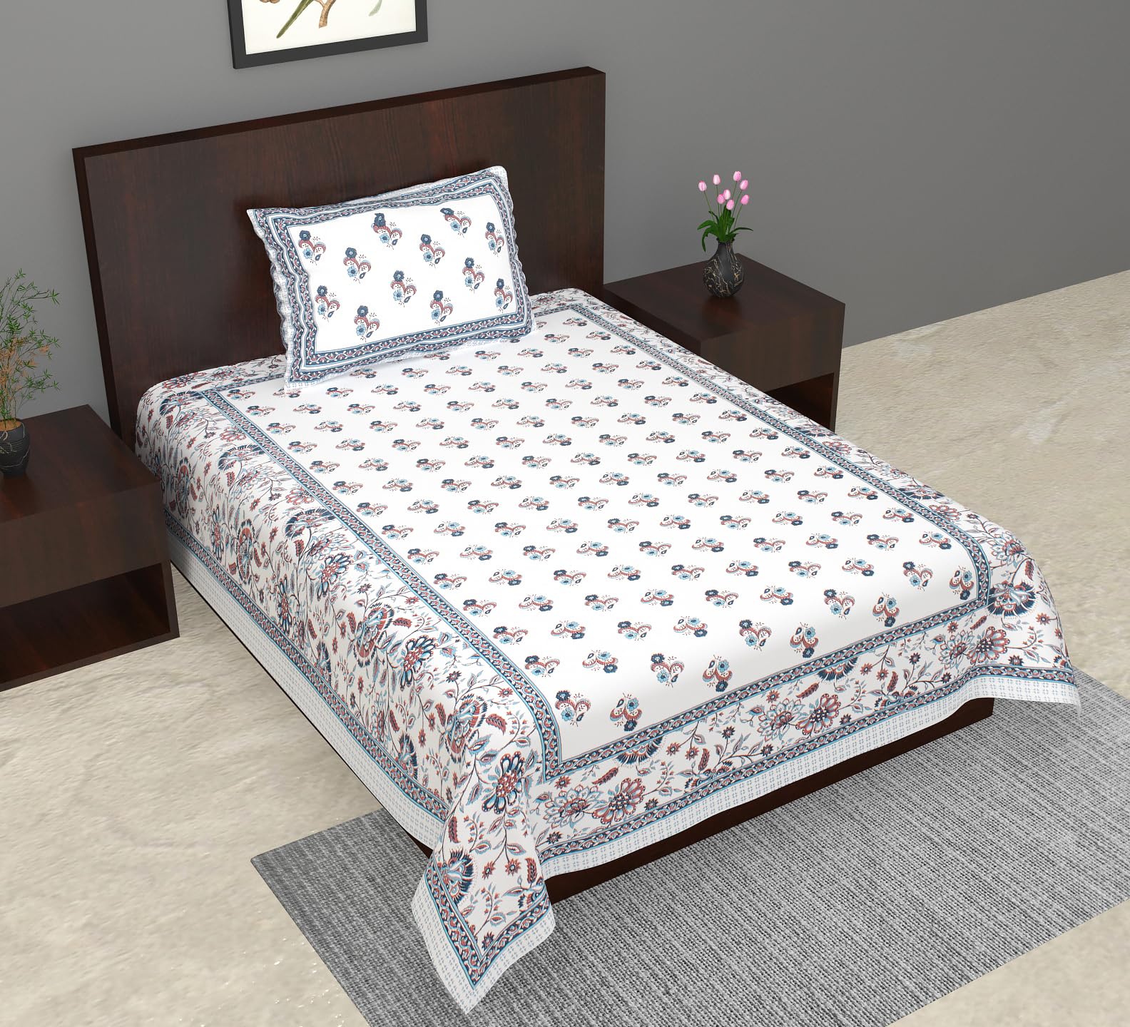 E Elma TC 180 Sanganeri Jaipuri 100% Cotton Single Bedsheet with 1 Zipper Chain Pillow Cover Blue