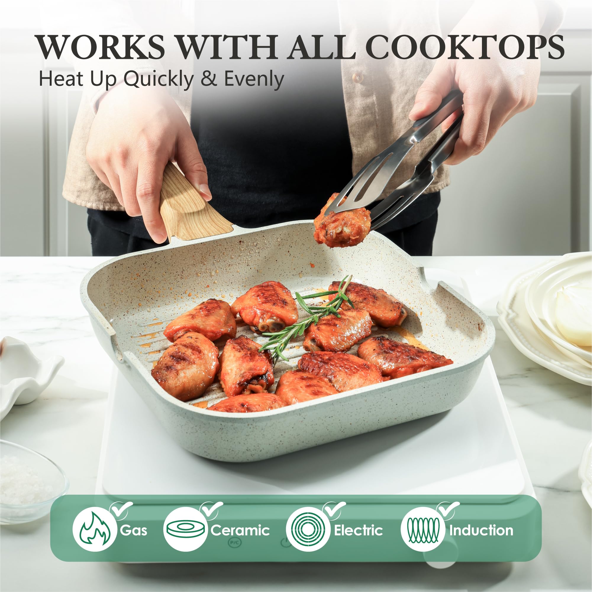 Sensarte Nonstick Ceramic Grill Pan For Stove Tops, Versatile Square Grilling Pan With Pour Spouts, Durable Grill Skillet For Al