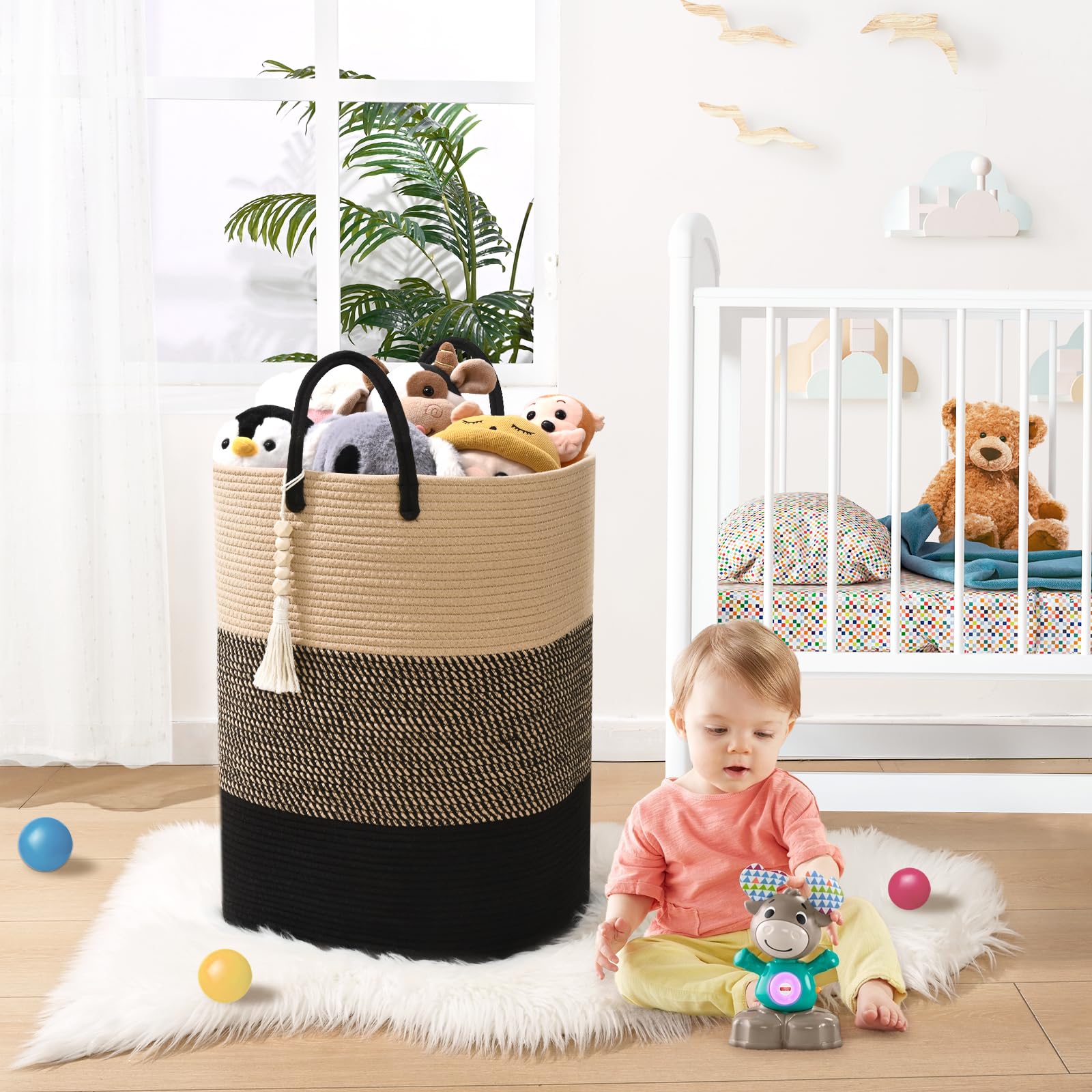Woven Laundry Basket For Clothes, 80 L Large Rectangle Laundry Hampers With Beads Tassel, Nursery Storage Basket For Toys, Tall