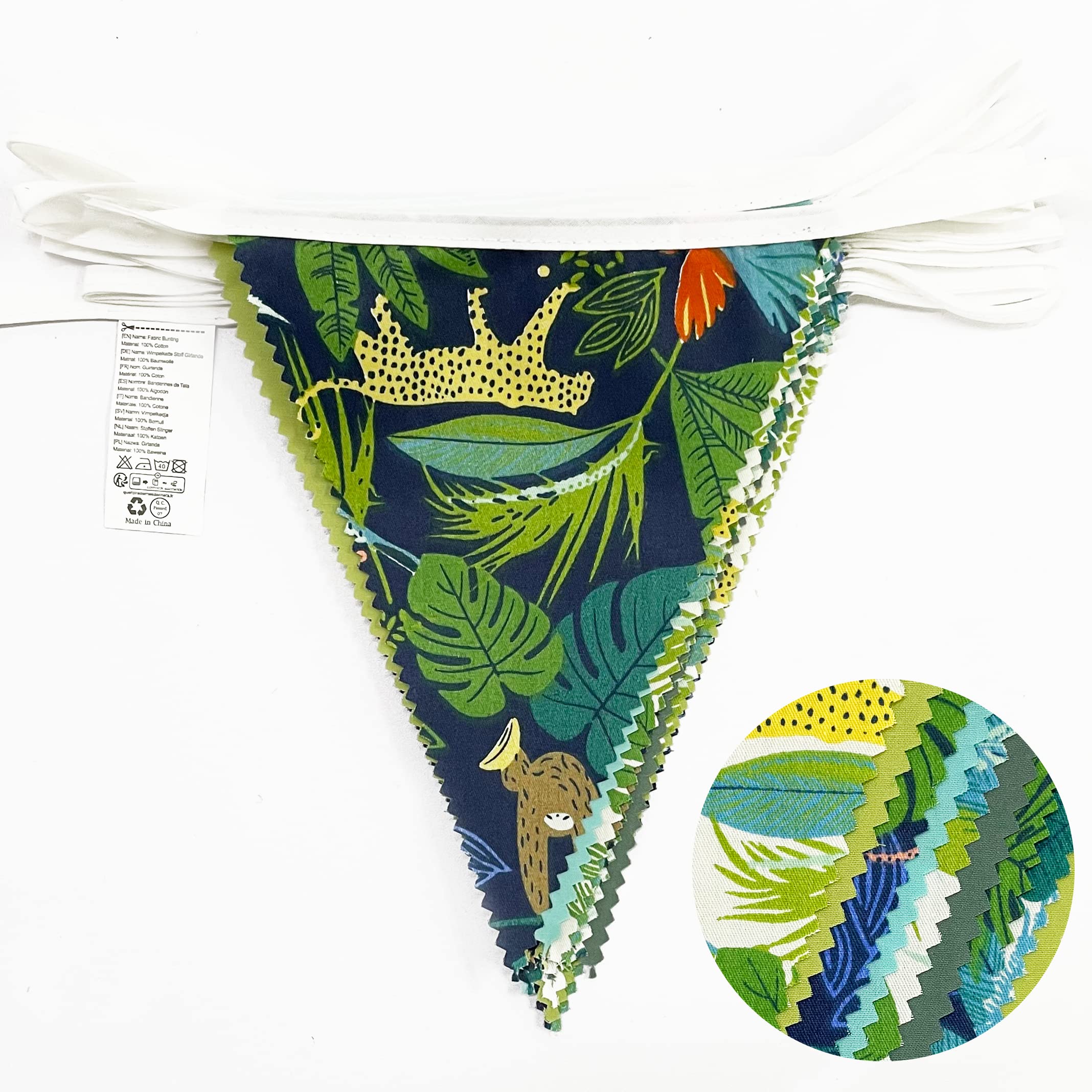 32Ft Teal Blue Green Summer Tropical Leaves Wild Animals Printed Pennant Banner Fabric Triangle Flag Cotton Bunting Garland For