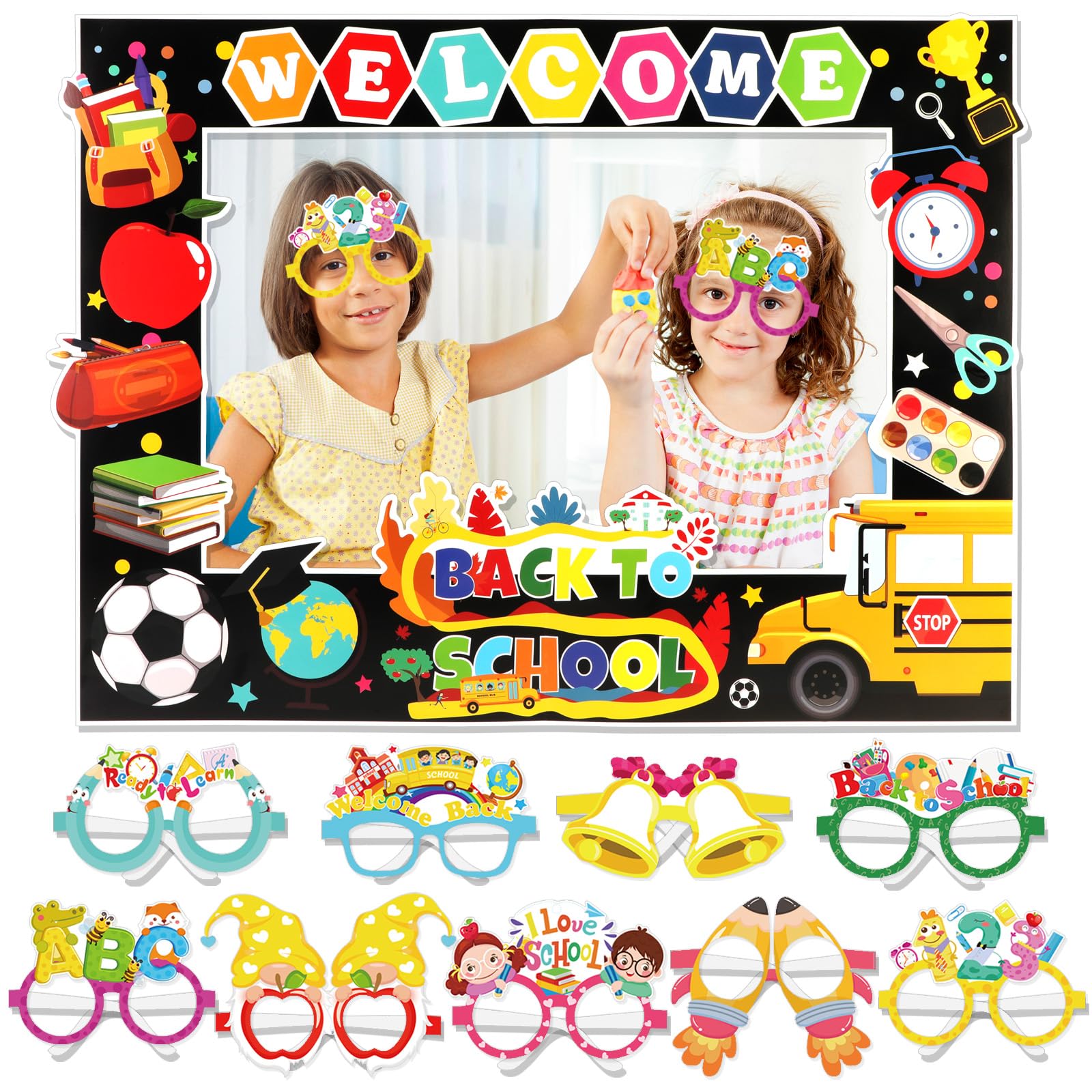 Howaf Back To School Photo Booth Props First Day Of School Photo Frame And 27Pcs Welcome Back To School Paper Glasses, Back To S