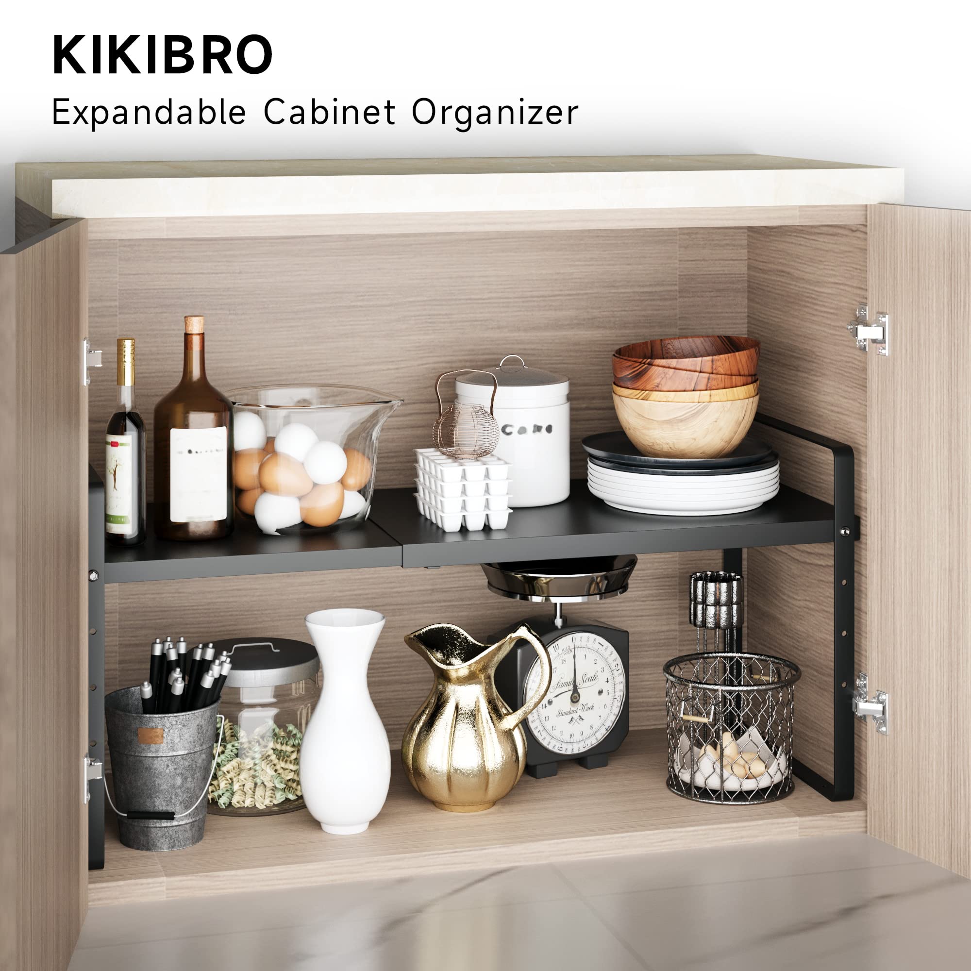 Kikibro Expandable Cabinet Shelf Organizer, Stackable Kitchen Pantry Counter Storage, Adjustable Closet Cupboard Stand Rack Rise