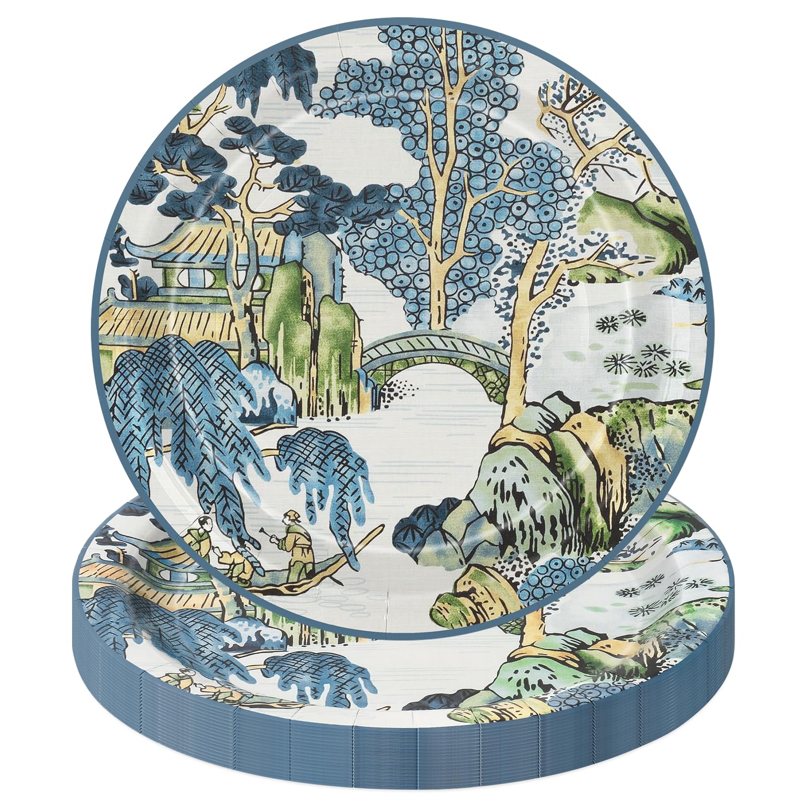 50 Pcs Vintage Chinoiserie Paper Plates Retro Farmhouse Oriental Disposable Plates 9 Inch Party Tableware for Birthday Holiday T