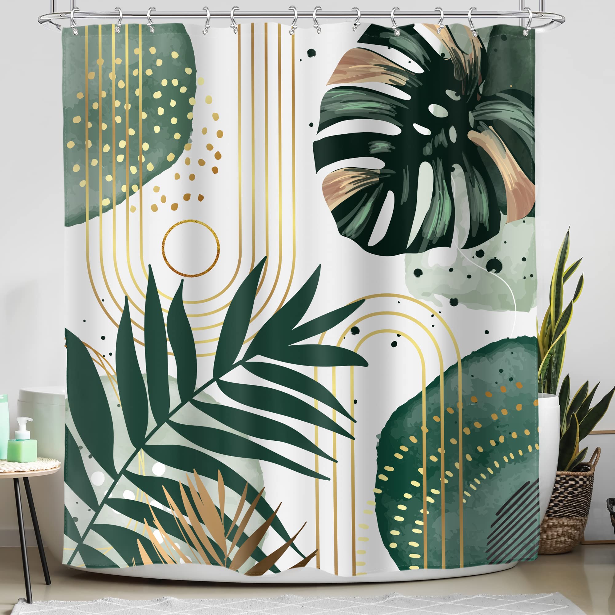 Glawry Green Abstract Shower Curtain For Bathroom Boho Gold Tropical Leaves Palm Leaf Monstera Modern Bath Minimalist Simple Aes