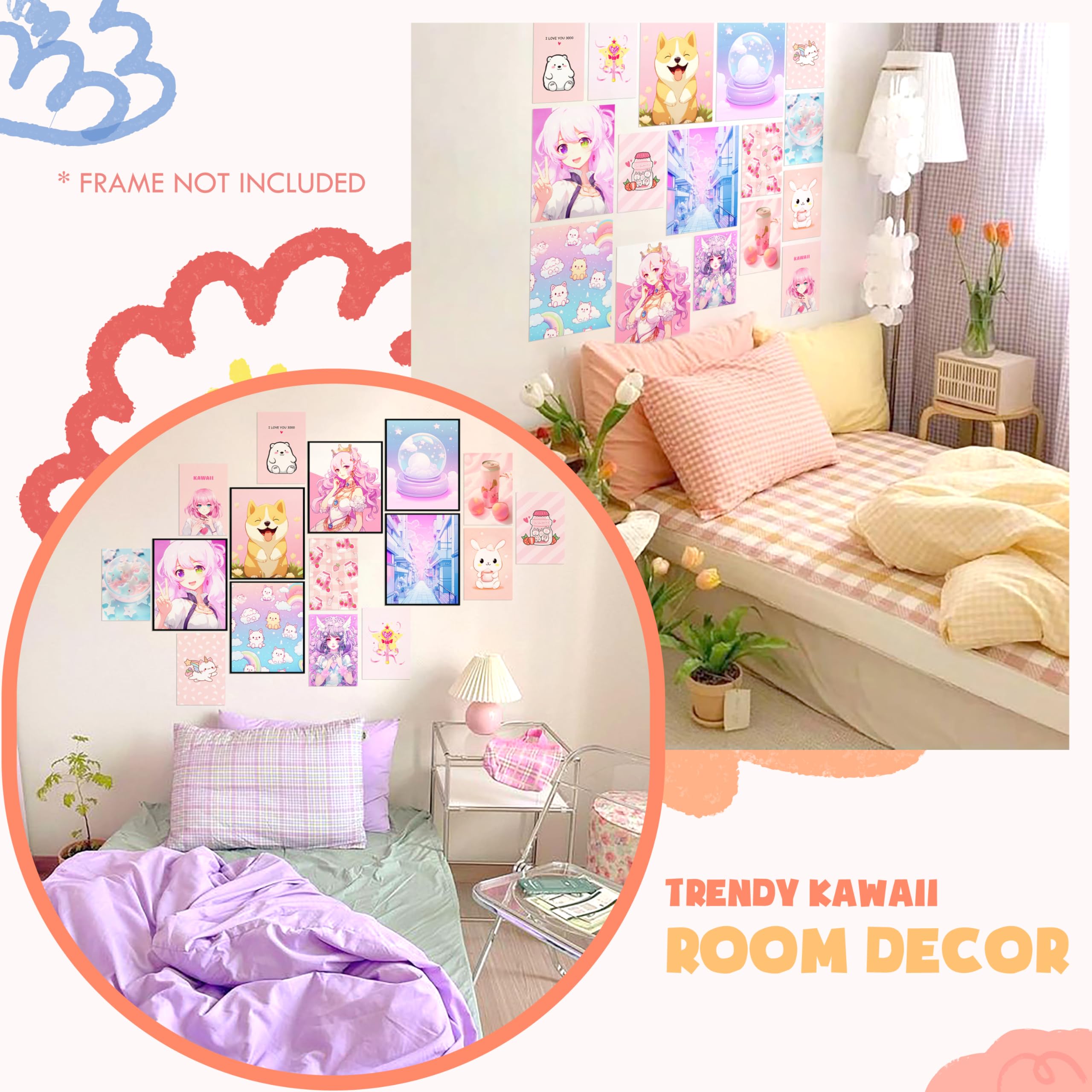 97 Decor Kawaii Wall Art Poster - Cute Anime Room Decor Aesthetic Collage For Bedroom, Dormitory, Kids Room (8X10 Unframed)