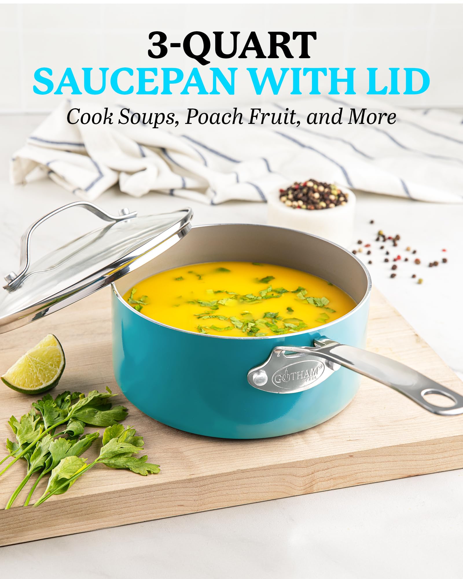 Gotham Steel Aqua Blue 3 Quart Saucepan With Lid, Ultra Nonstick Sauce Pan With Lid, Small Pot With Lid, Ceramic Nonstick Saucep