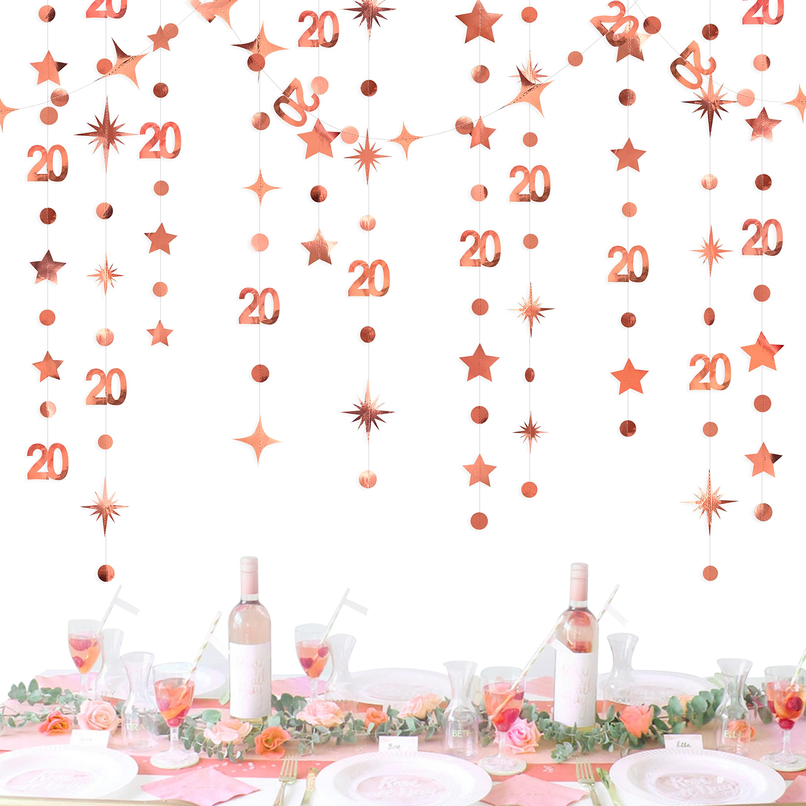 Rose Gold 20Th Birthday Decorations Number 20 Circle Dot Star Garland Metallic Hanging Streamer Bunting Banner Backdrop For Wome