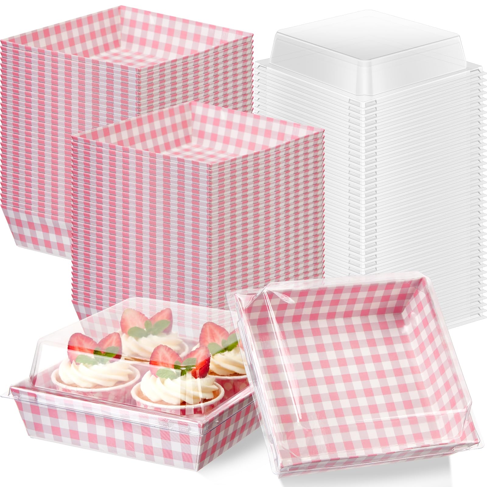 Potchen 100 Pack Pink Plaid Charcuterie Boxes with Clear Lids - Pink & White Bakery Gift Boxes with Window for Cookies, Candy, a
