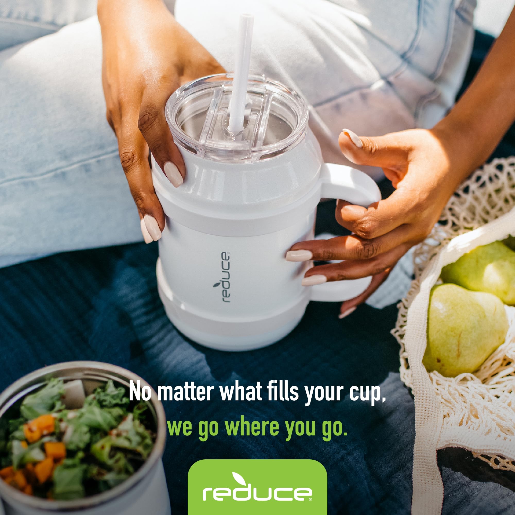 REDUCE Reusable 32 oz Cold1 Water Tumbler - Ergonomic Handle - Double-Wall Insulation - Sturdy Desktop/Tabletop Mug with Lid and