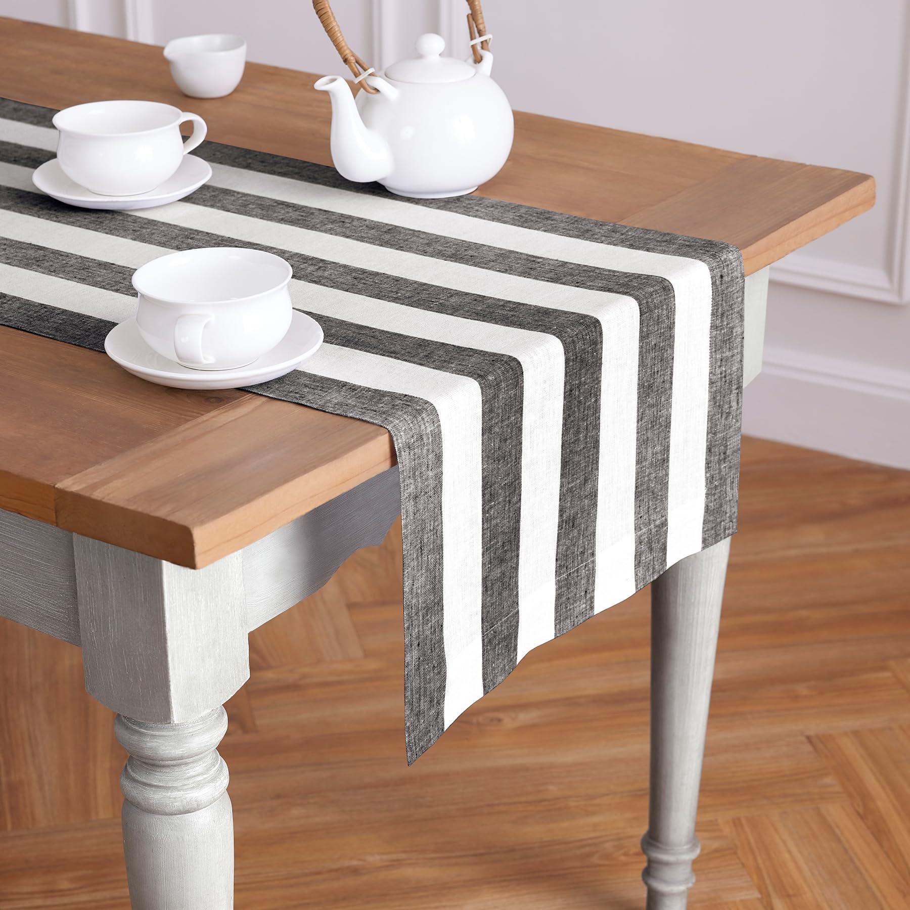 Solino Home Cabana Stripe Linen Table Runner 18 X 90 Inches Long - 100% Pure Linen Black And White Table Runner For Spring, East