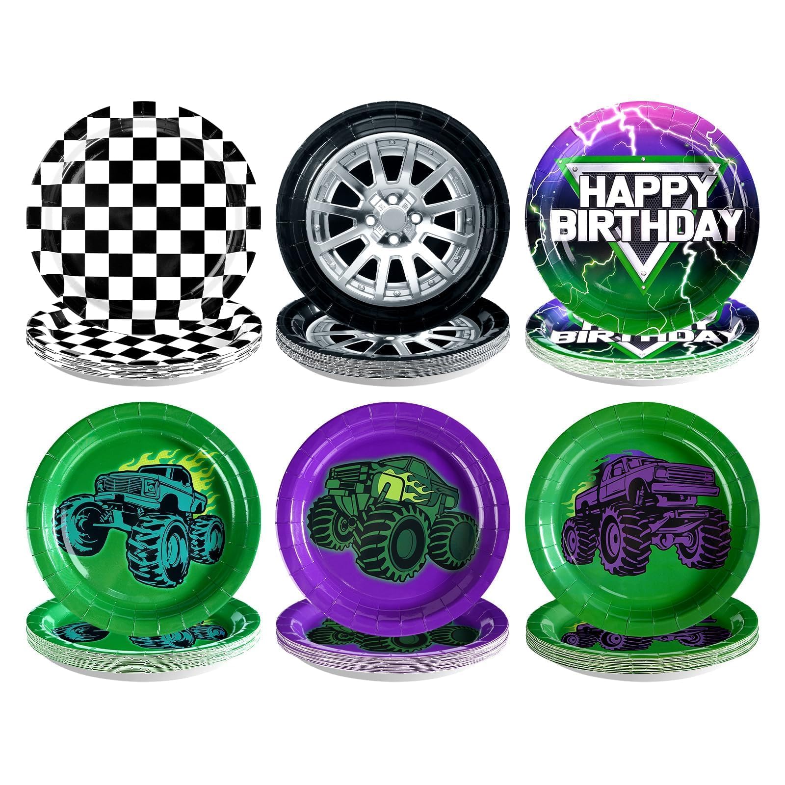 Grencian 60Pcs Green Purple Monster Themed Truck Plates - 9in Disposable Heavy Duty Green and Purple Monster Themed Truck Birthd