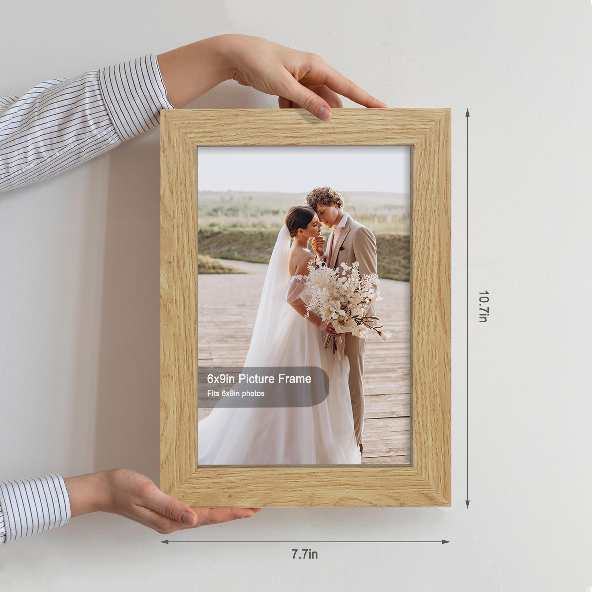 Hongkee 6x9 Picture Frame Set of 4, Made of Real Glass and Natural Oak Wooden Frame - 6 by 9 Photo for Wall or Tabletop Display
