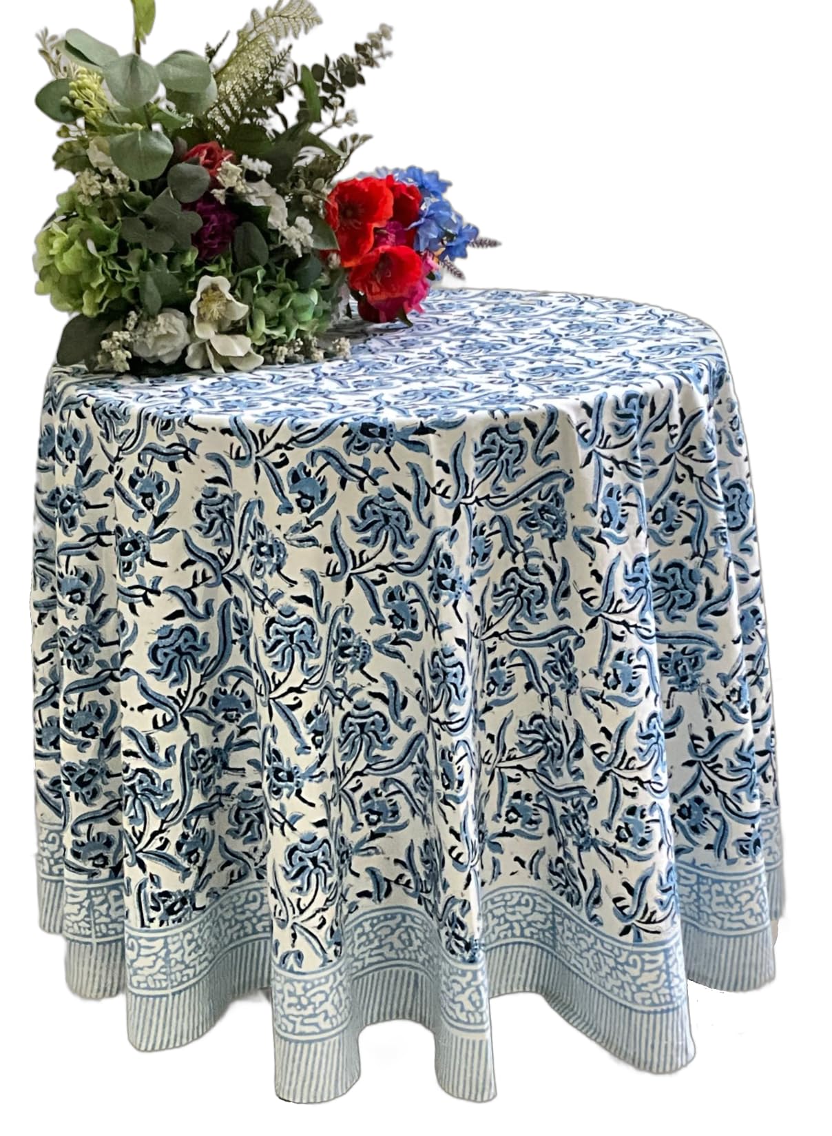 ATOSII Midnight Bloom 100% Cotton Round Tablecloth, Handblock Print Floral Table Cloth for Kitchen Dining Linen I Parties, Weddi