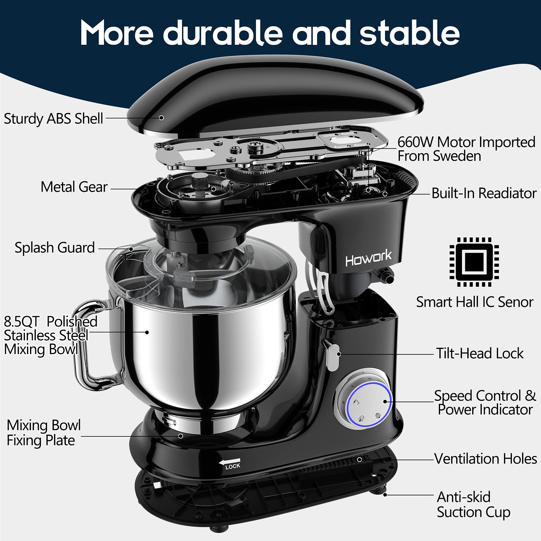 Howork 8.5Qt Stand Mixer, 660W 6+P Speed Tilt-Head, Electric Kitchen Mixer With Dishwasher-Safe Dough Hook, Beater, Wire Whip &