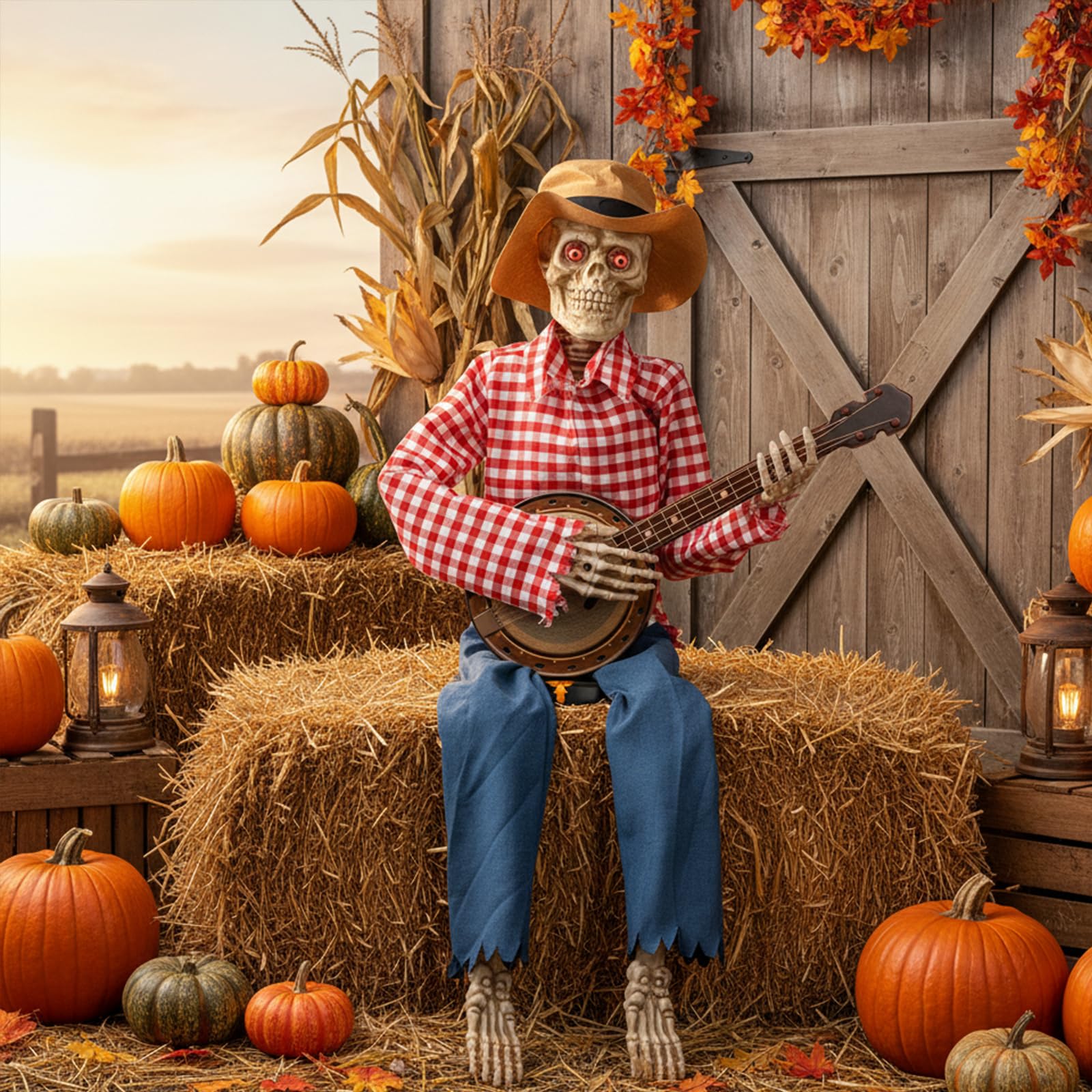 39 Fall Thanksgiving Banjo Playing Skeletons - Animated Scarecrow Decorations Autumn Harvest Day Gifts Halloween Fall Prop Decor