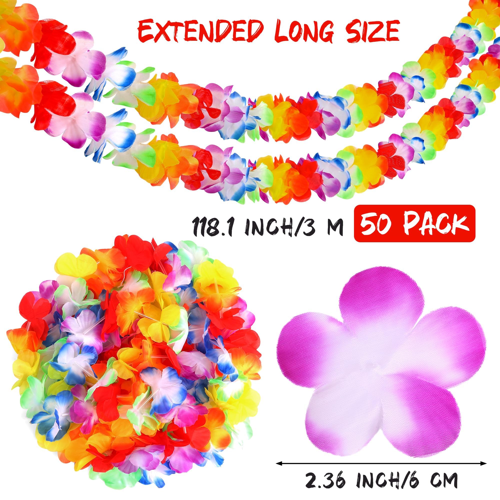 Aneco 50 Pack Hawaiian Tropical Jumbo Multicolored Luau Hibiscus Flower Lei Garland for Hawaiian Party Supplies Decorations, 10