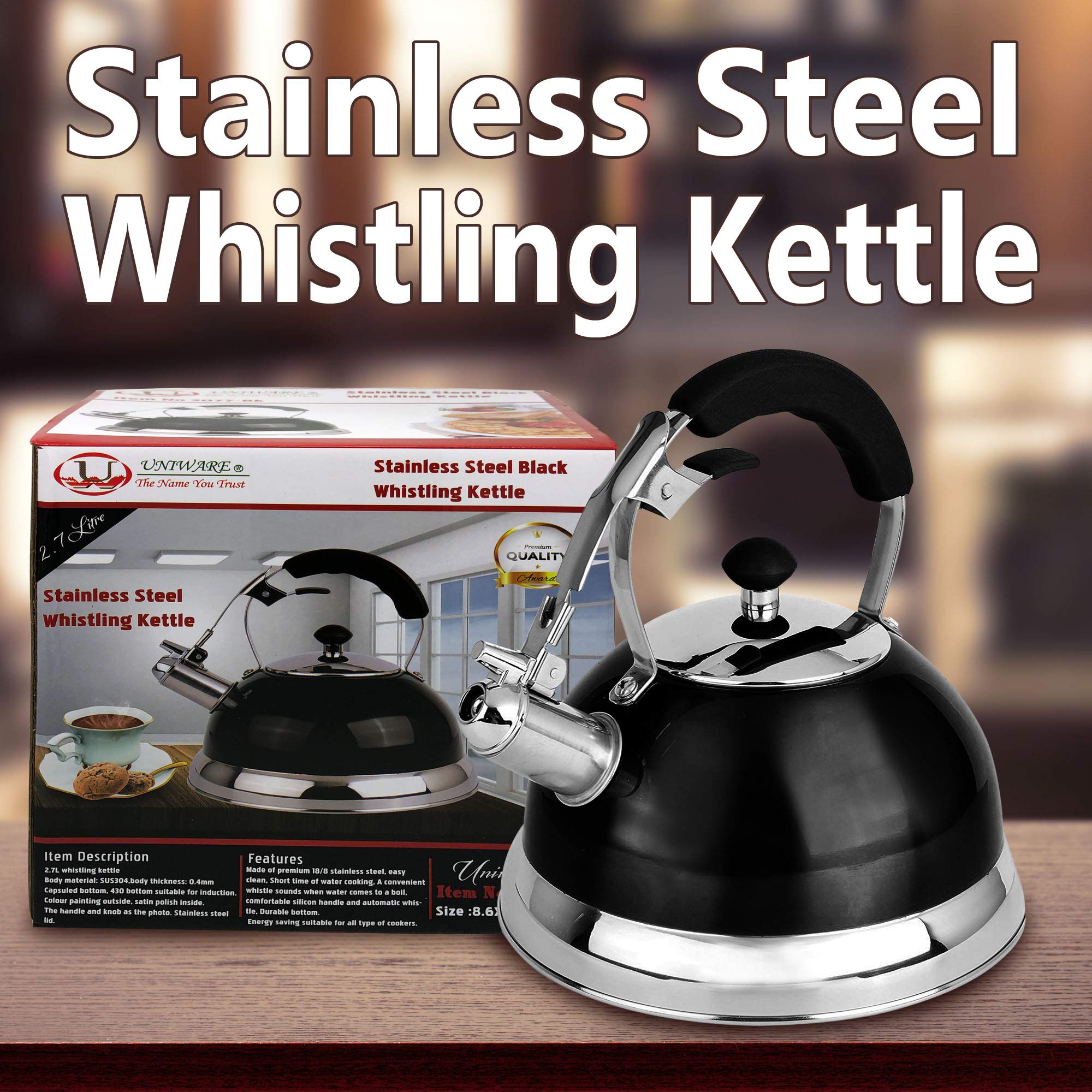 Uniware 2.7 Lt Heavy Duty Stainless Steel Metallic Blue Whistling Kettle, Qt, Black