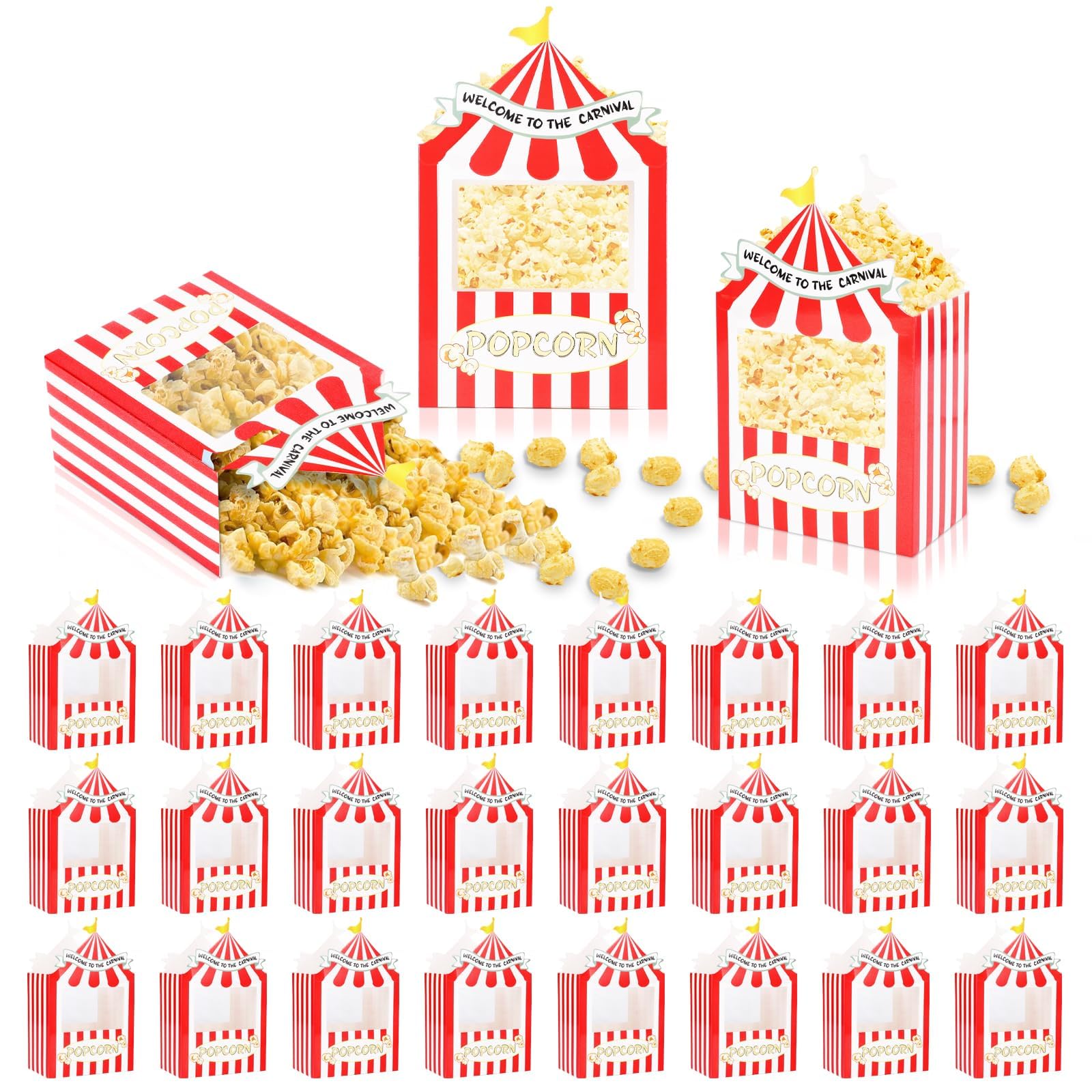 YLOLUL 24 Pcs Carnival Circus Popcorn Boxes Red White Circus Tent Popcorn Centerpieces Cupcake Paper Candy Boxes for Dessert Tab