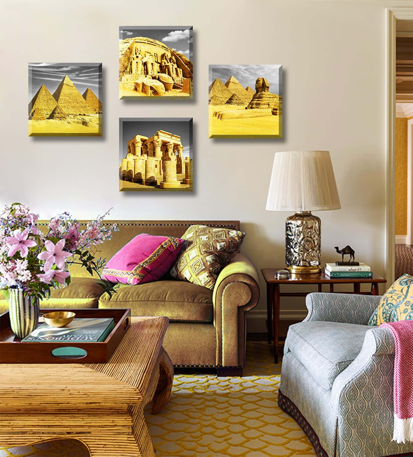 Djsylife Bedroom Decor Gold Wall Art Egyptian Pyramids Canvas Print Picture Gray White Posters Modern Artwork For For Living Roo