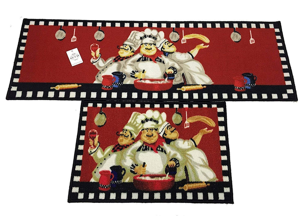 Euch Non-Slip Rubber Backing Carpet Kitchen Mat Doormat Runner Bathroom Rug 2 Piece Sets,15''X47''+15''X23'' (Three Chef)