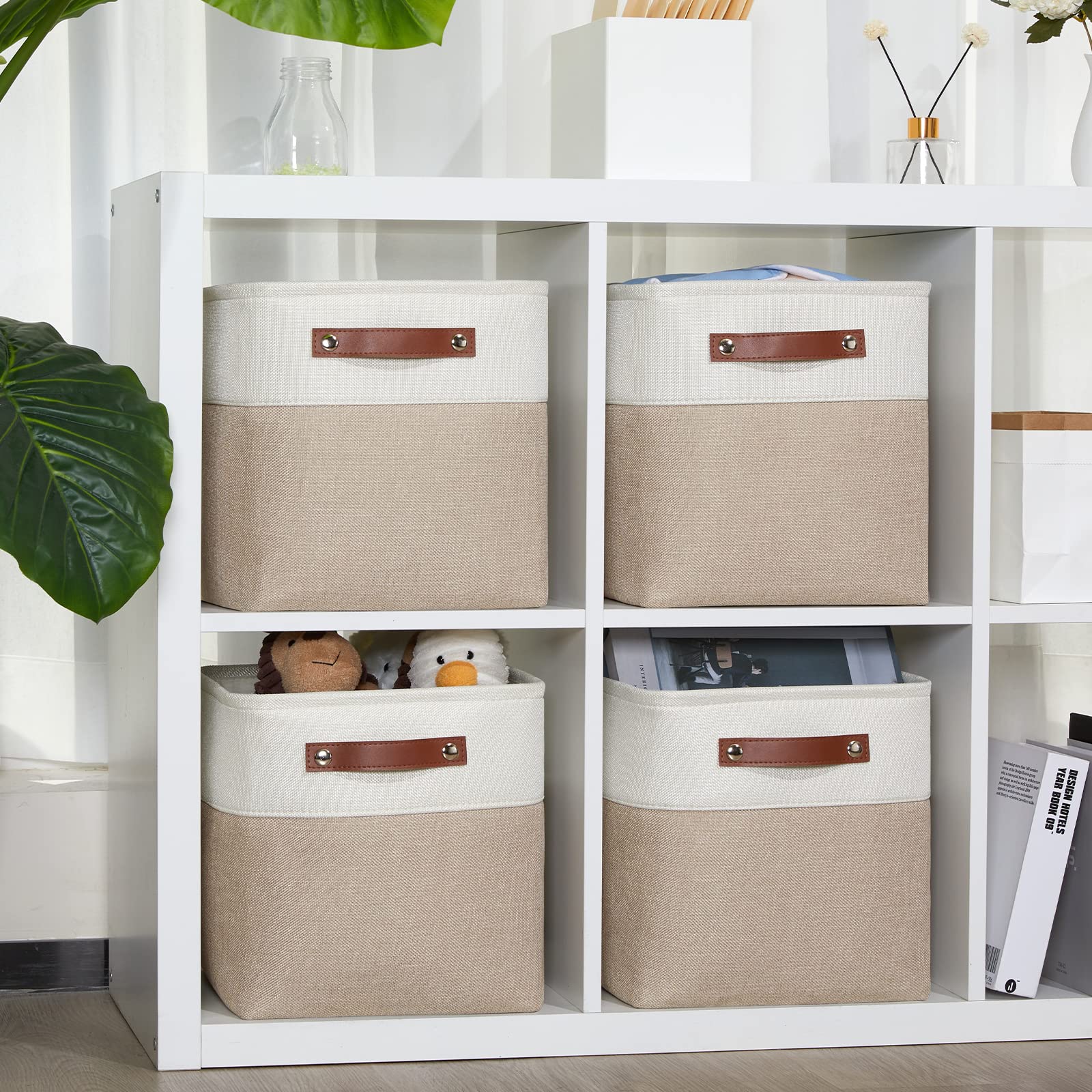 DULLEMELO 11 inch Cube Storage Bins  Large Collapsible Grey Storage Baskets for Square Cubes Organizing  Fabric Boxes Bins for Shelves Nursery Home Office Storage(4 Pack - 11 '' White&Khaki)