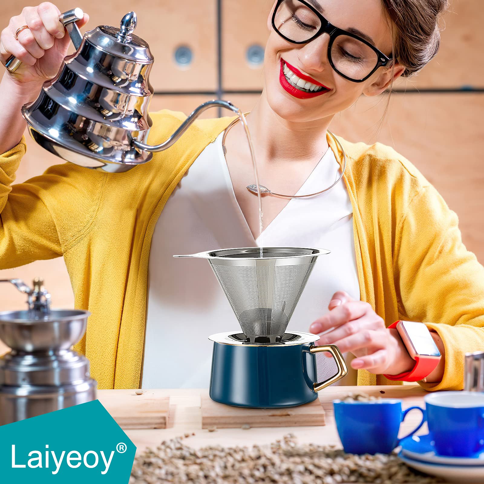 Laiyeoy Stainless Steel Pour Over Coffee Dripper, Reusable Cone Filter, 5.47x4.69x3.19 inches, Silver, Double Mesh Design