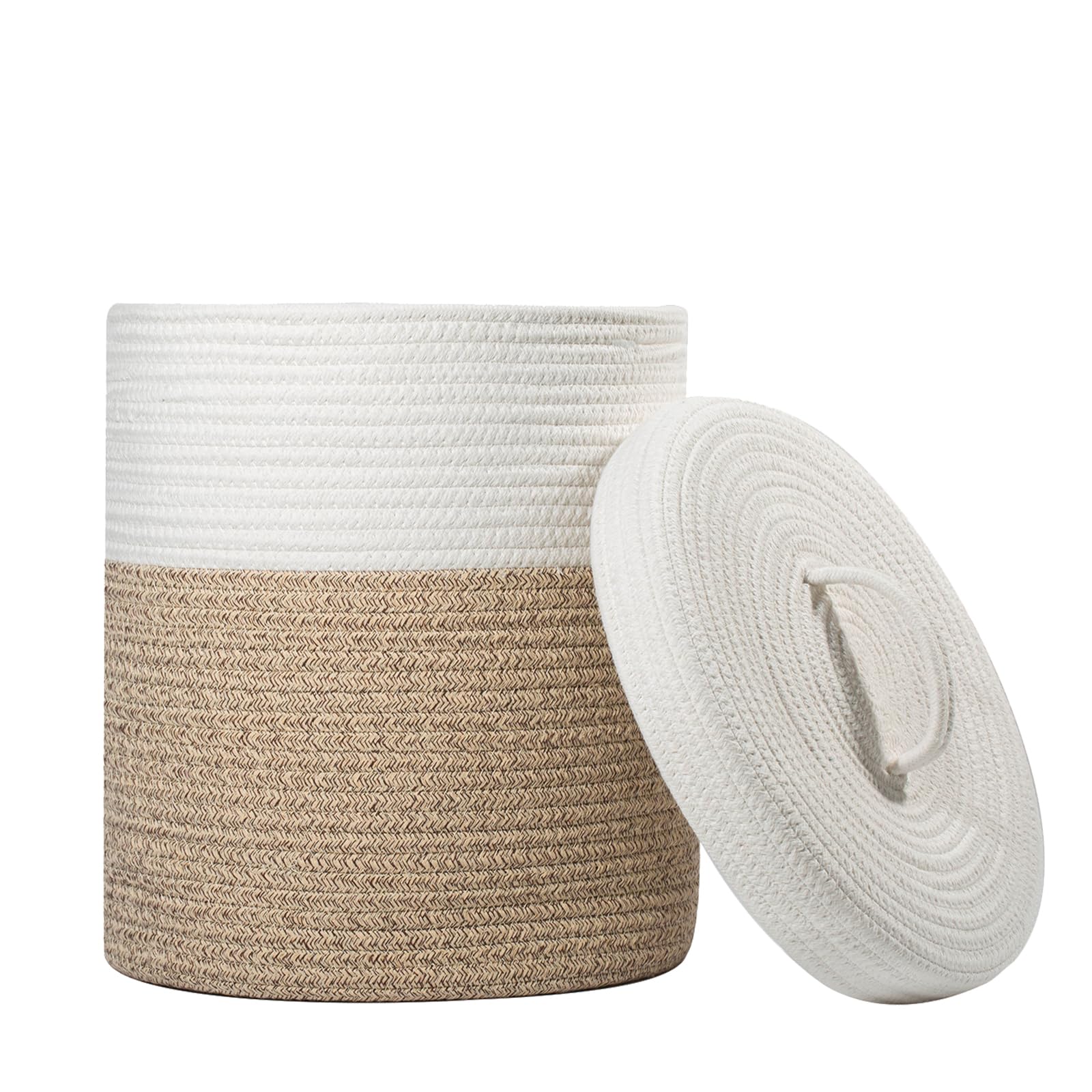 Yimi'S Dream Lidded Storage Basket, Medium Cotton Rope Basket With Lid, Small Round Storage Basket For Nursery, Living Room, Kid