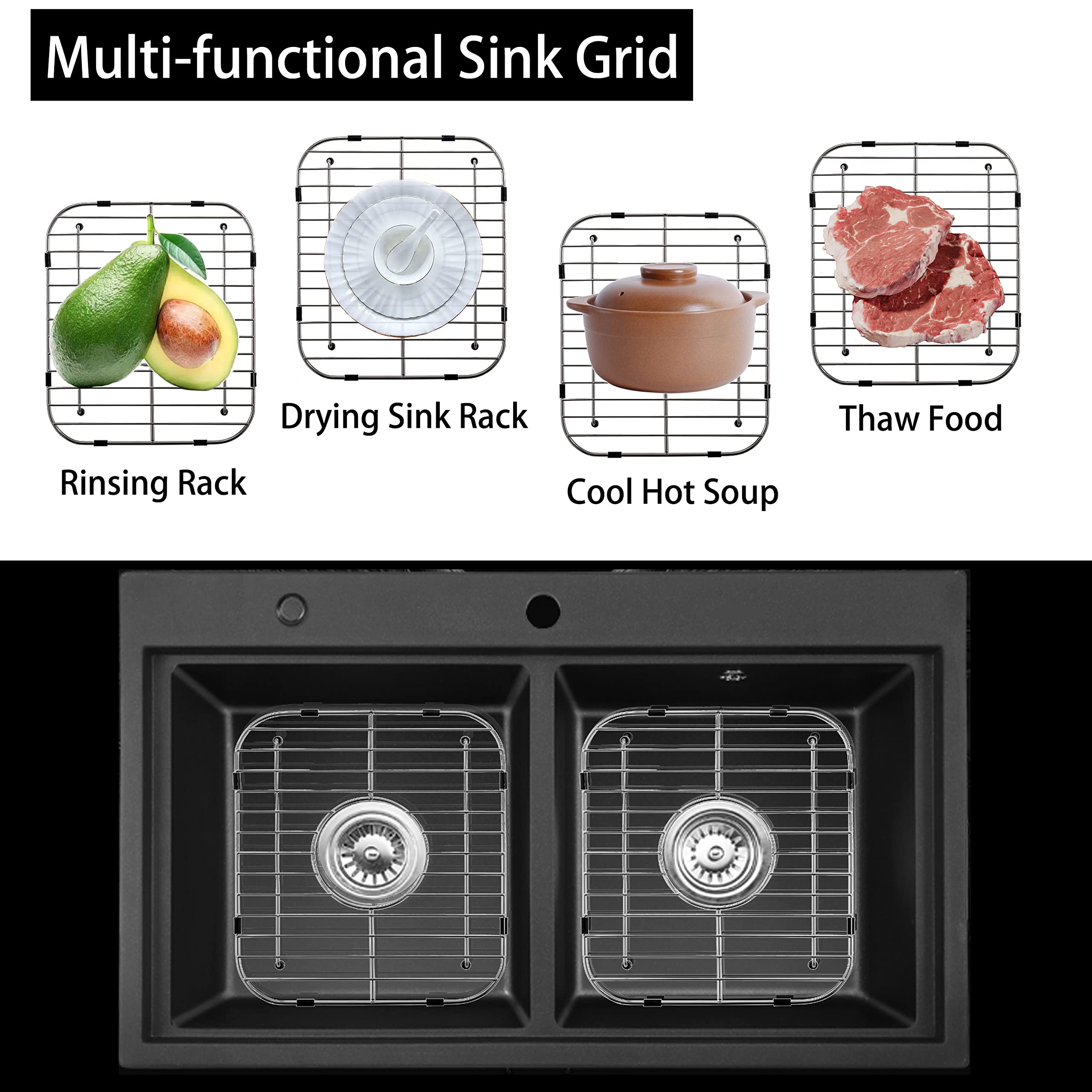 LOCVCDA Stainless Steel Sink Protectors - 13" x 11-5/8", Center Drain, 2-Pack, Kitchen Sink Grid with Drain Hole