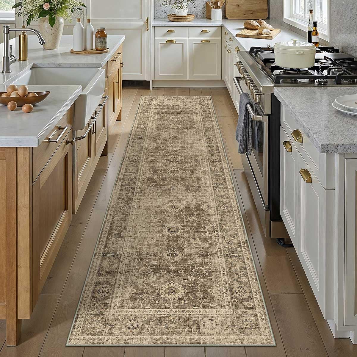 WondRg 3x8 Washable Runner Rug for Kitchen Hallway Brown Vintage Non-Slip Low Pile Distressed Rustic Carpet Lightweight Vacuumab
