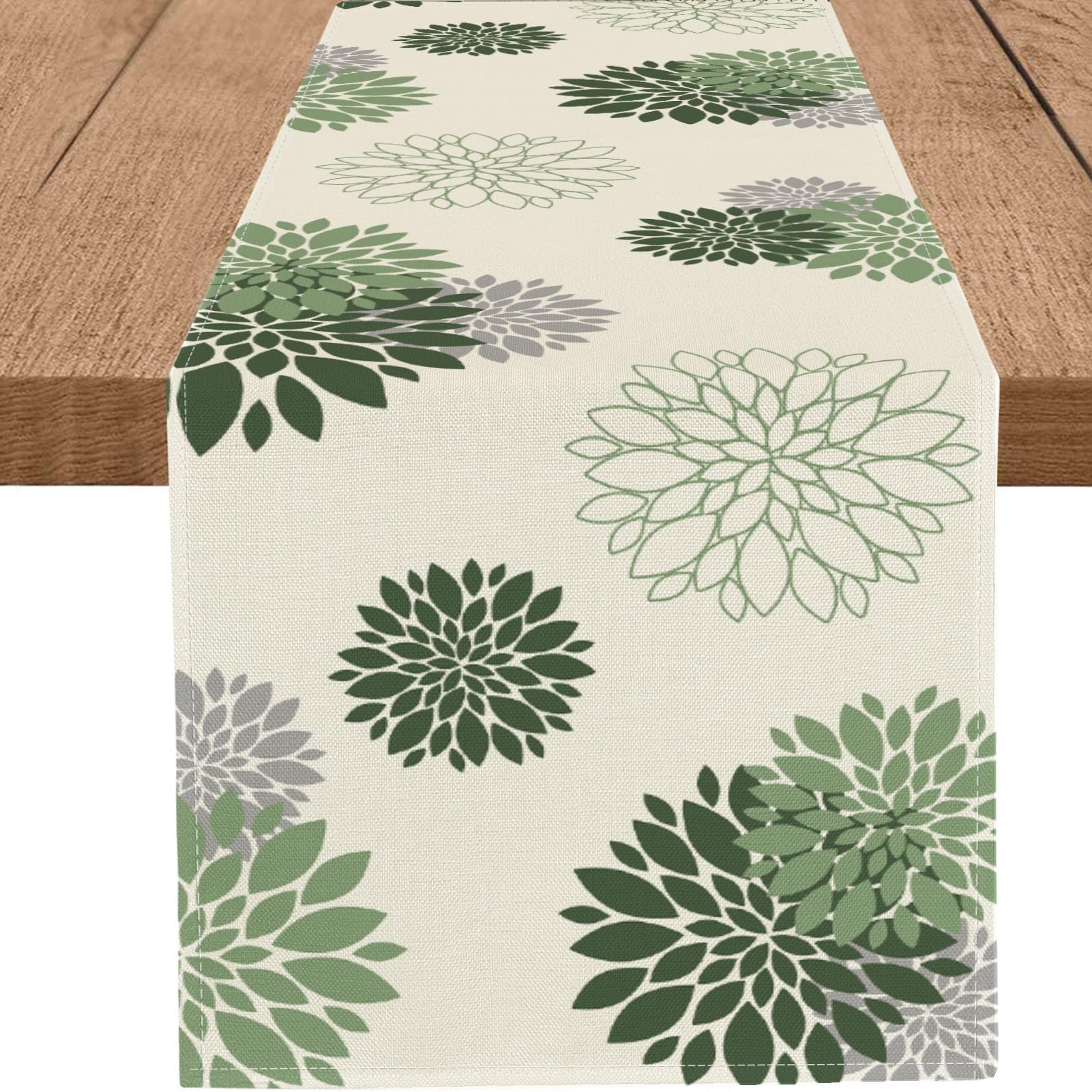 WHOMEAF Sage Green Gray Table Runner Dahlia Pinnata Flower Beige Table Runners Modern Elegant Pompon Farmhouse Geometric Table C