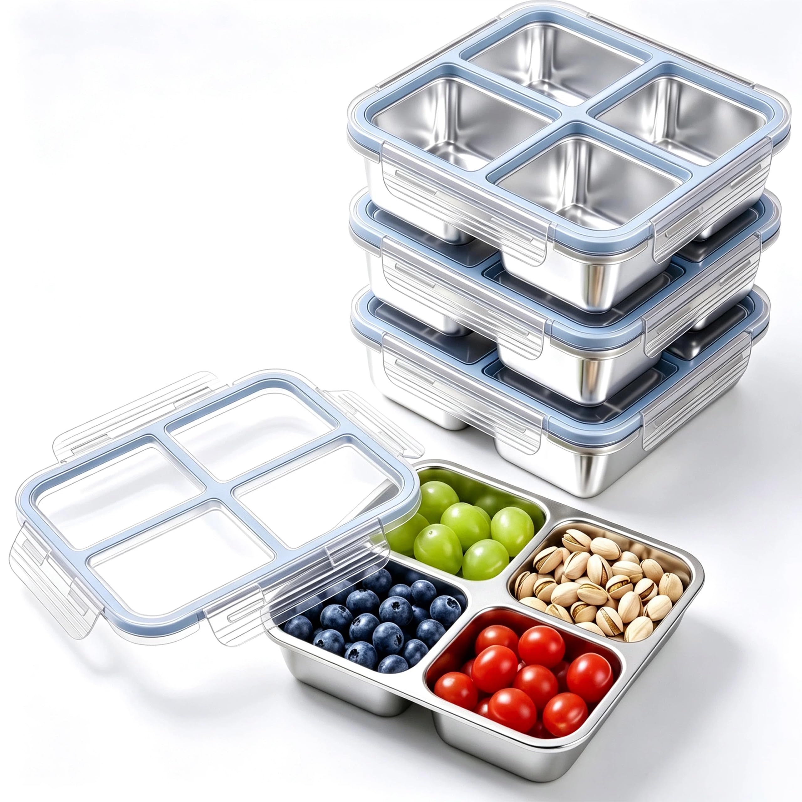 BSTUR Stainless Steel Snack Containers with Lids, Snack Box Set of 4, 4Compartment Divided Bento Box, Reusable Metal Food Stora
