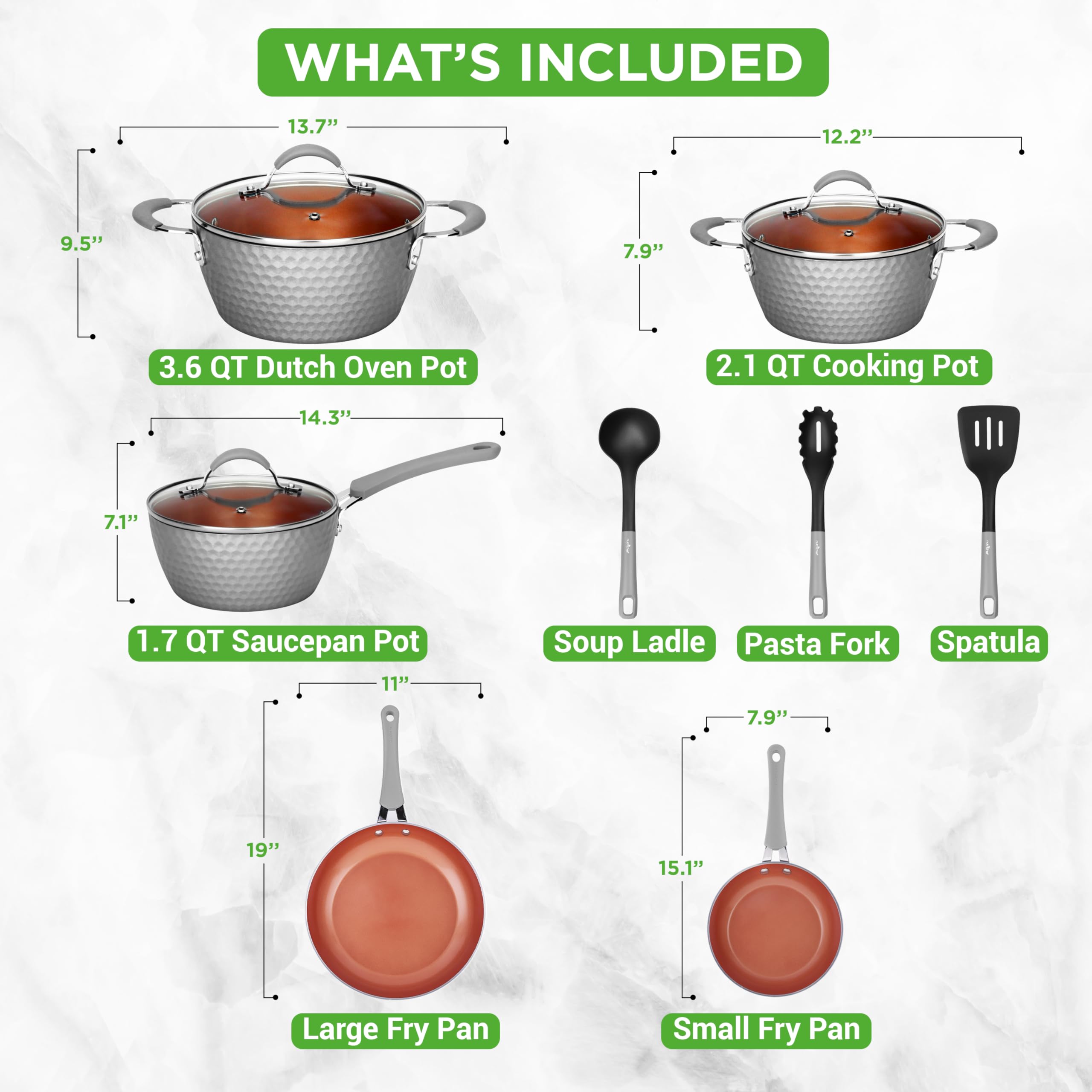 NutriChef 11 Pc Nonstick Cookware - PTFE/PFOA/PFOS Free Kitchenware Pots & Pans Set with Saucepan, Frying Pans, Cooking Pots, Li
