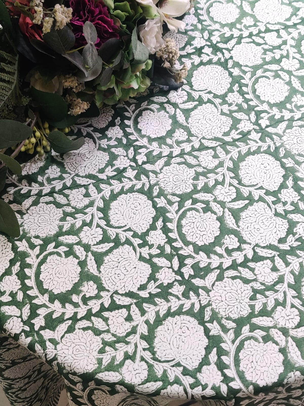 ATOSII Shalimar Green 100% Cotton Round Boho Fall Tablecloth, Handblock Floral Table Cloth Linen for Kitchen Dining I Parties We
