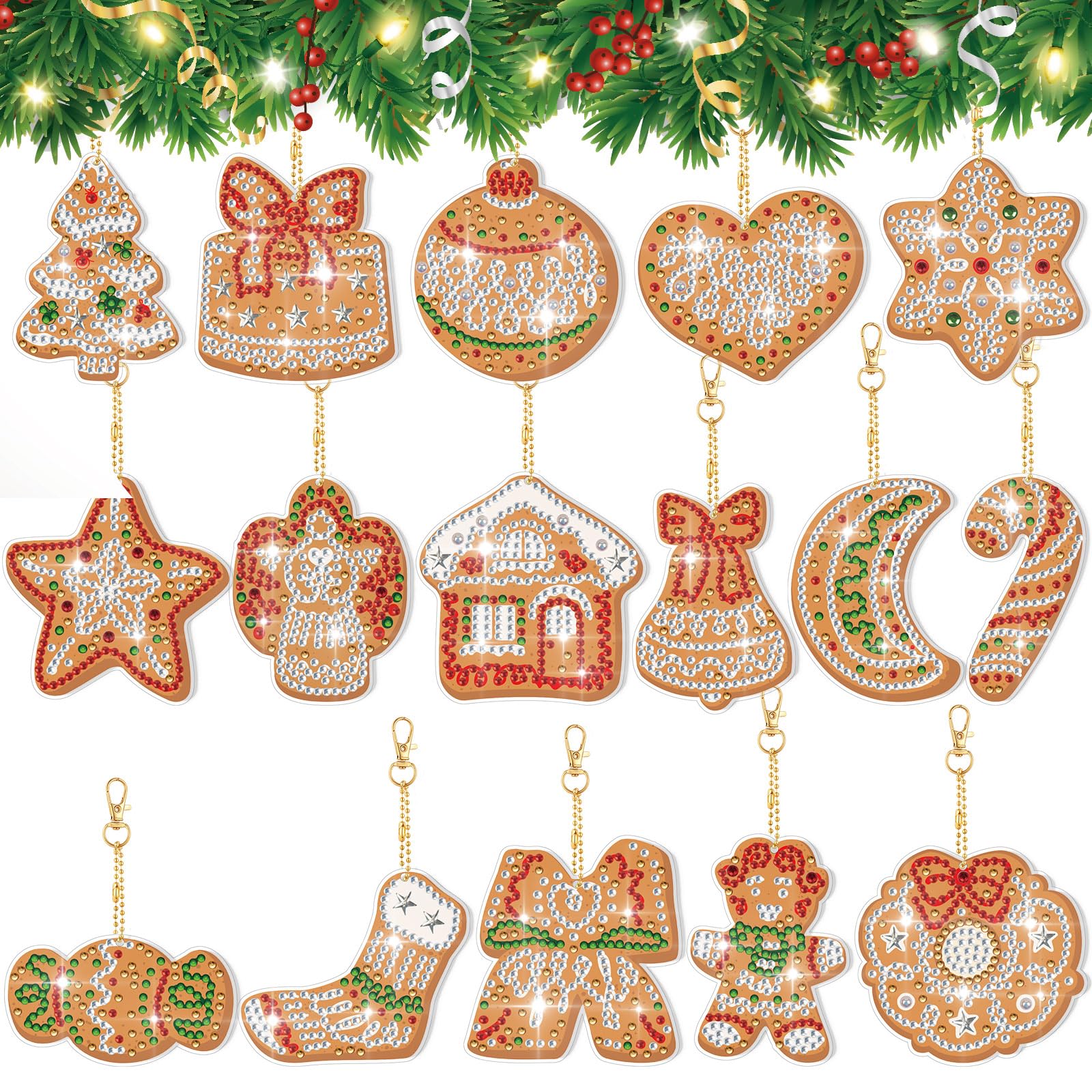 Ecation 16 Pcs Gingerbread Cookie Double Sided Diamond Painting Tree Ornaments Hanging DIY Christmas Ball Keychain Merry Christm