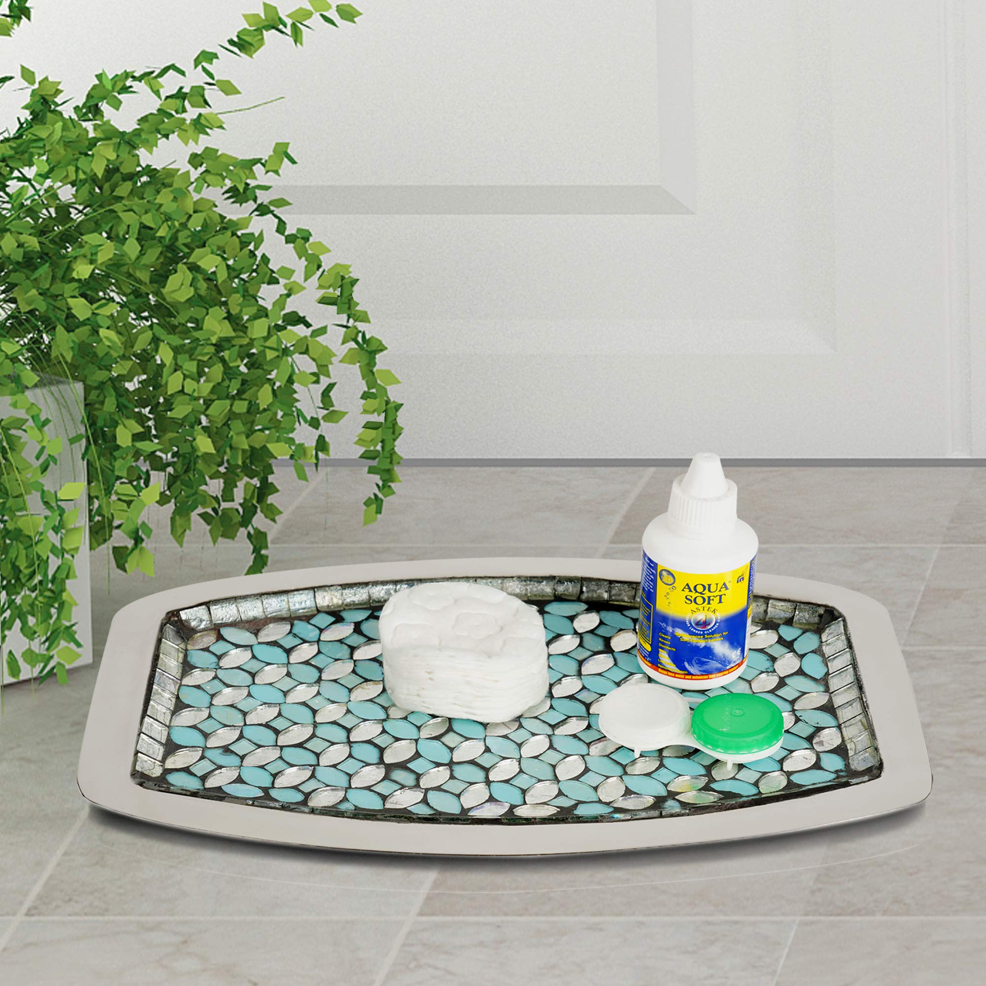 Nu Steel Sea Foam Amenity Tray In Aqua Blue/Silver Glass Mosaic/ Stainless Steel For Bathrooms & Vanity Spaces