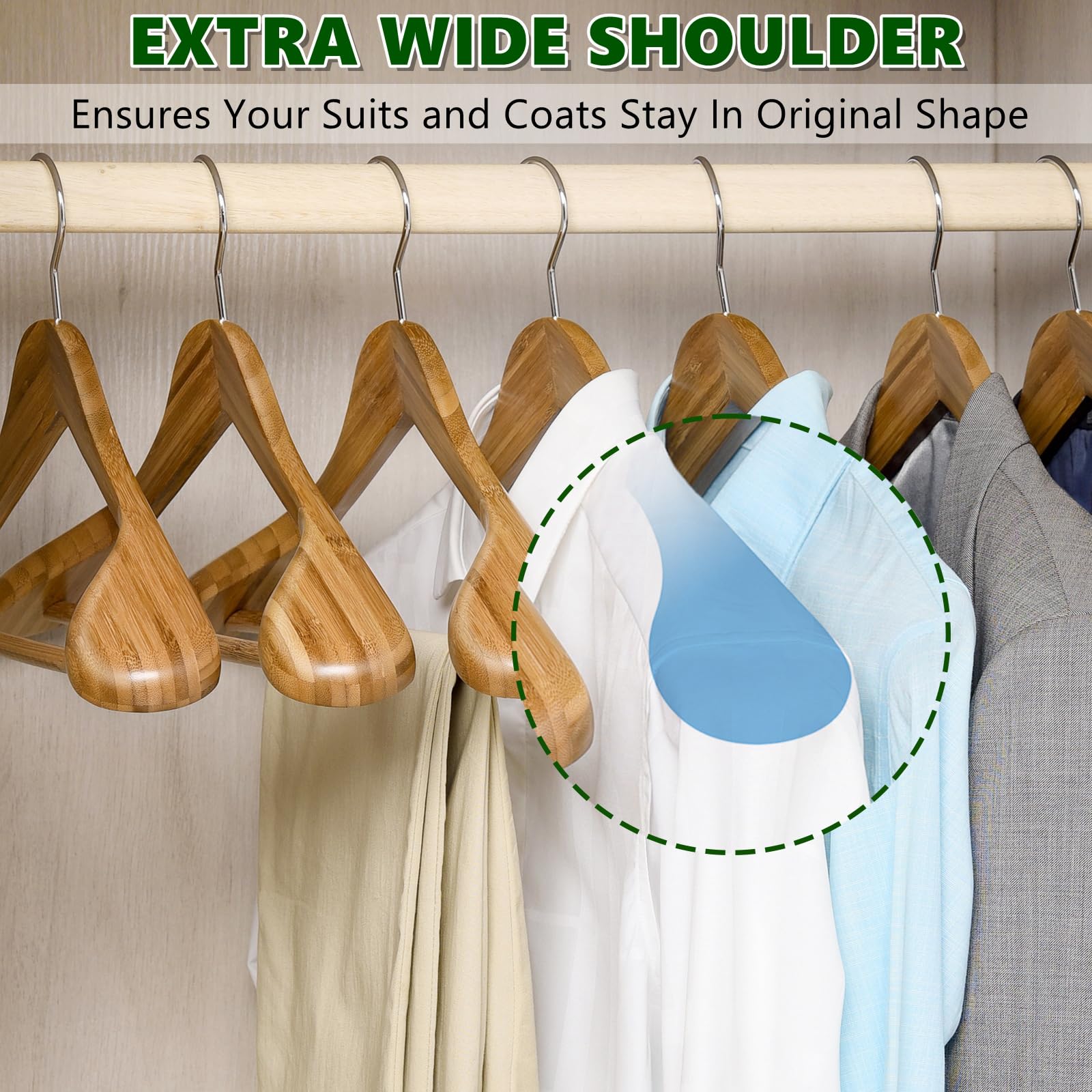 Amber Home 6 Pack Walnut Wide Shoulder Wooden Suit Coat Hangers with Non Slip Pants Bar  Solid Wood Jacket Clothes Hangers Smooth Finish for Sweater  Pants  Heavy Clothes (Walnut  6 Pack)