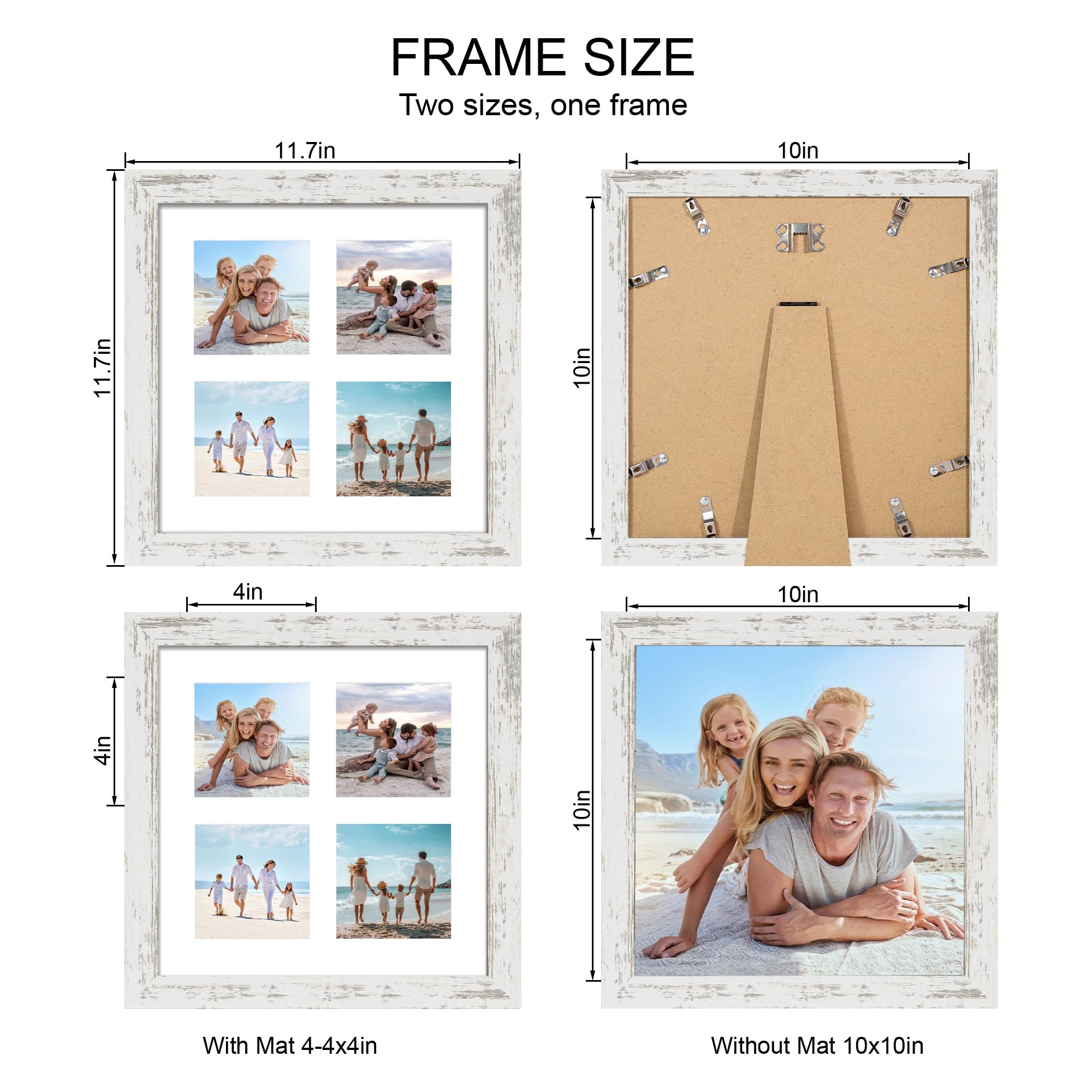 Hongkee 10x10 Picture Frame Set of 2, Real Glass and Distressed White Collage Frame, Display Pictures Four Opening 4x4 With Mat