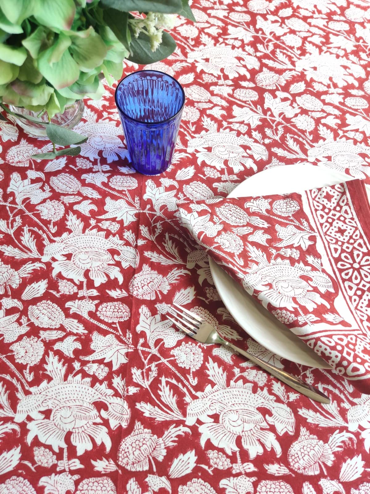 Atosii Meraki Red 100% Cotton Tablecloth, Handblock Print Rectangle Table Cover For Kitchen Dining I Tabletop Linen I Parties, T