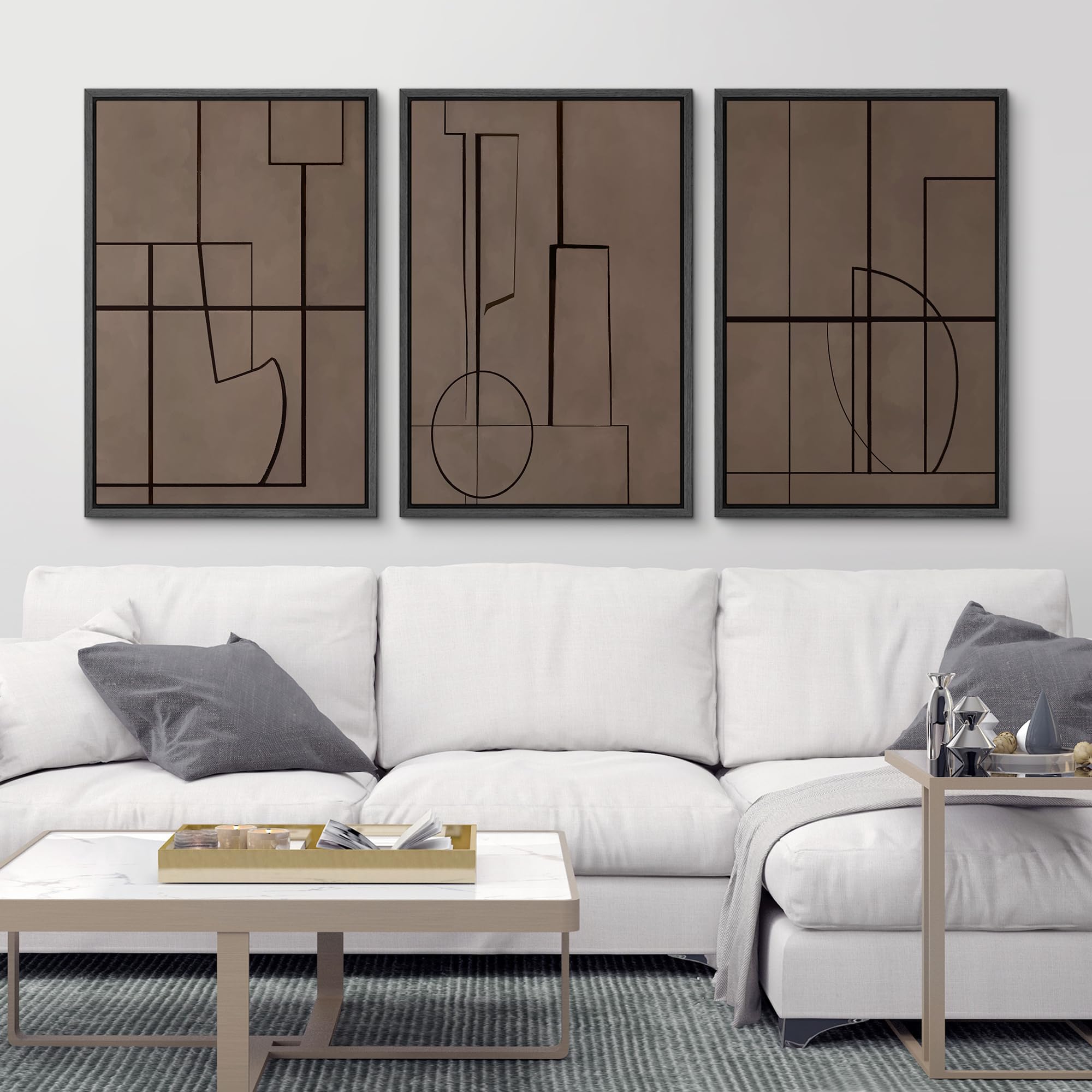 Signford Framed Canvas Print Wall Art Set Modern Abstract Line In Neutral Tones Illustrations Modern Art Relax/Calm For Living R