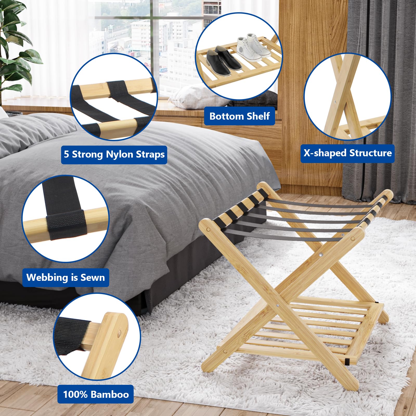 Smuxee Fully Assembled Luggage Rack For Guest Room, Upgraded Bamboo Foldable Suitcase Stand With 5 Nylon Straps, Nature Luggage